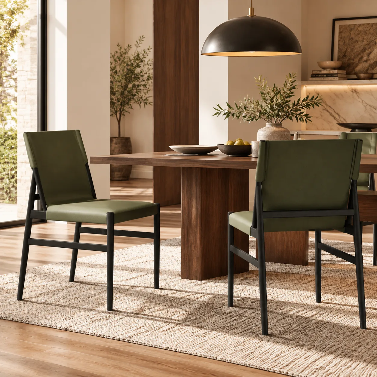 Green Black Mid-century Modern Faux Leather Dining Chairs Carbon Steel Frame Set of 2 Image - 16 | homeyfad