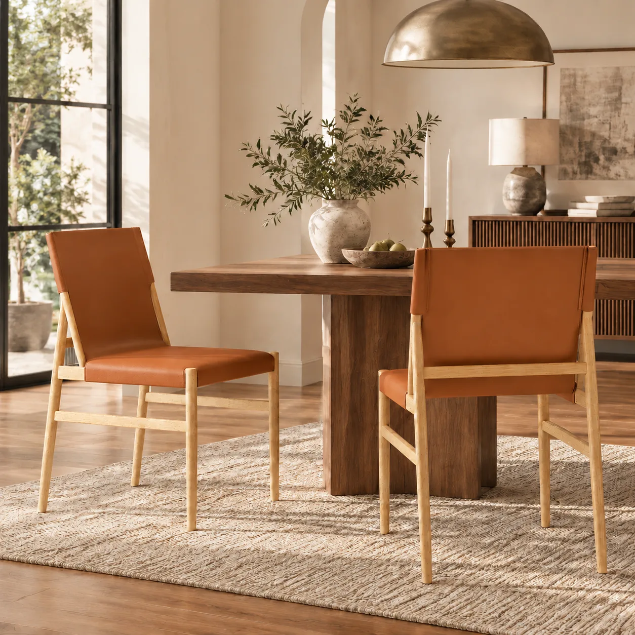 Coffee Natural Mid-century Modern Faux Leather Dining Chairs Carbon Steel Frame Set of 2 Image - 18 | homeyfad