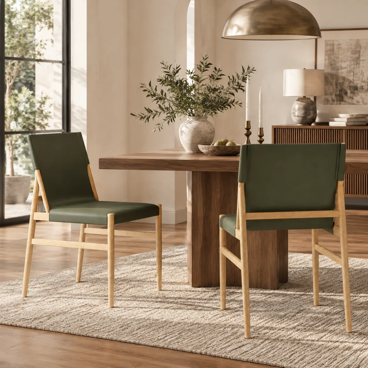 Green Natural Mid-century Modern Faux Leather Dining Chairs Carbon Steel Frame Set of 2 Image - 19 | homeyfad