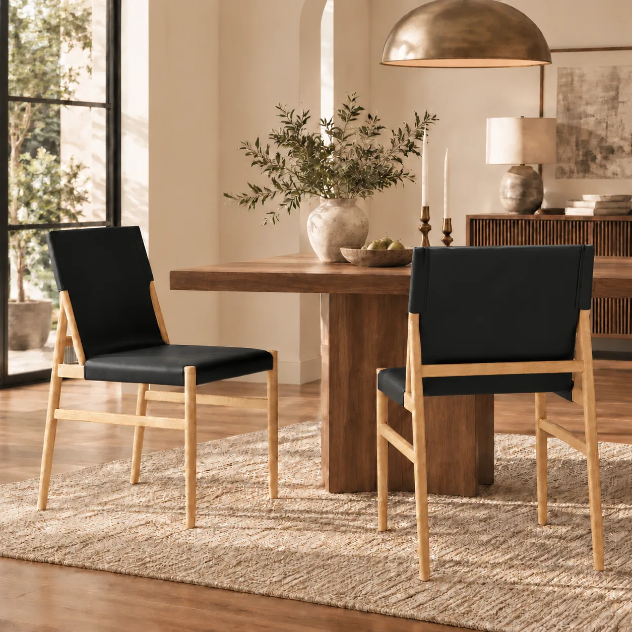 Black Natural Mid-century Modern Faux Leather Dining Chairs Carbon Steel Frame Set of 2 Image - 20 | homeyfad