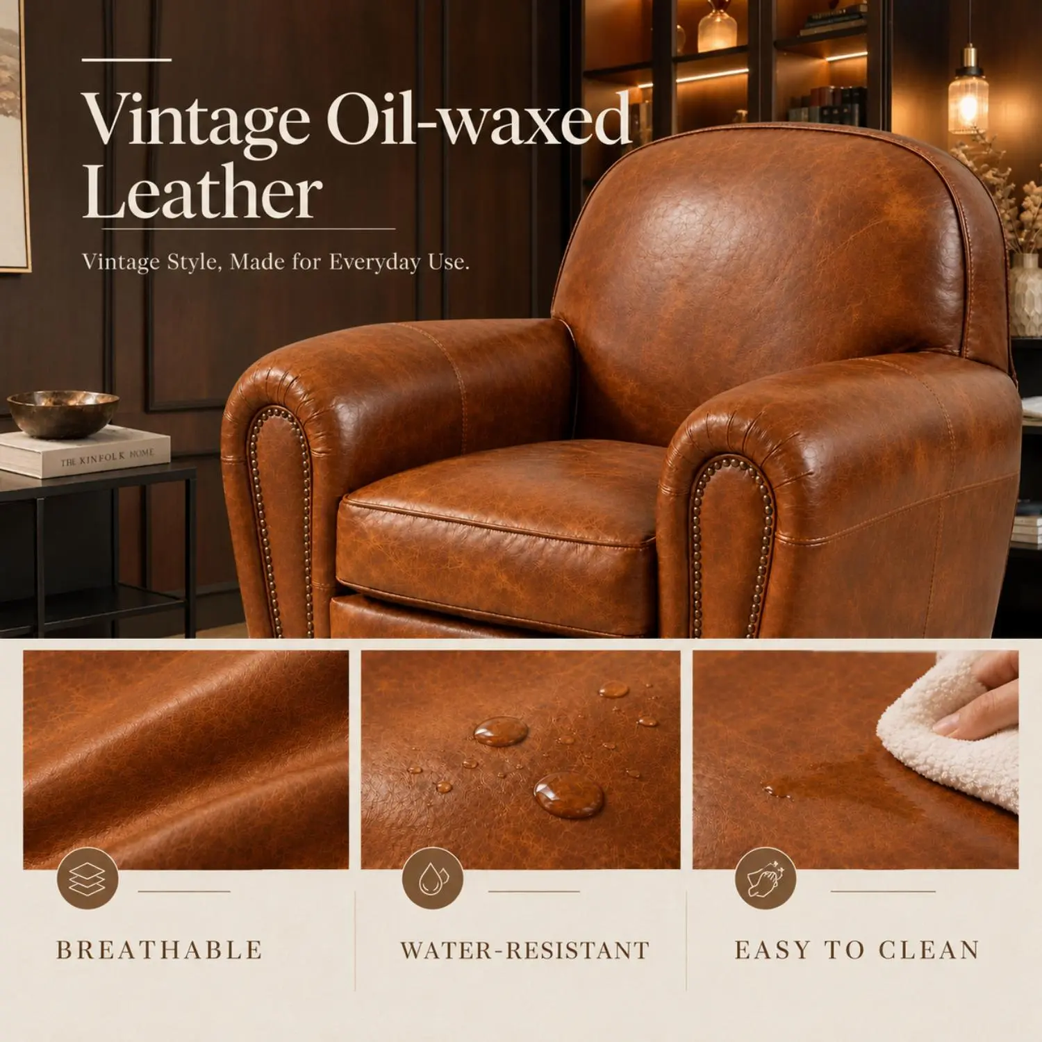 Vintage Brown Oil-Waxed Faux Leather Accent Chair Image - 8 | homeyfad