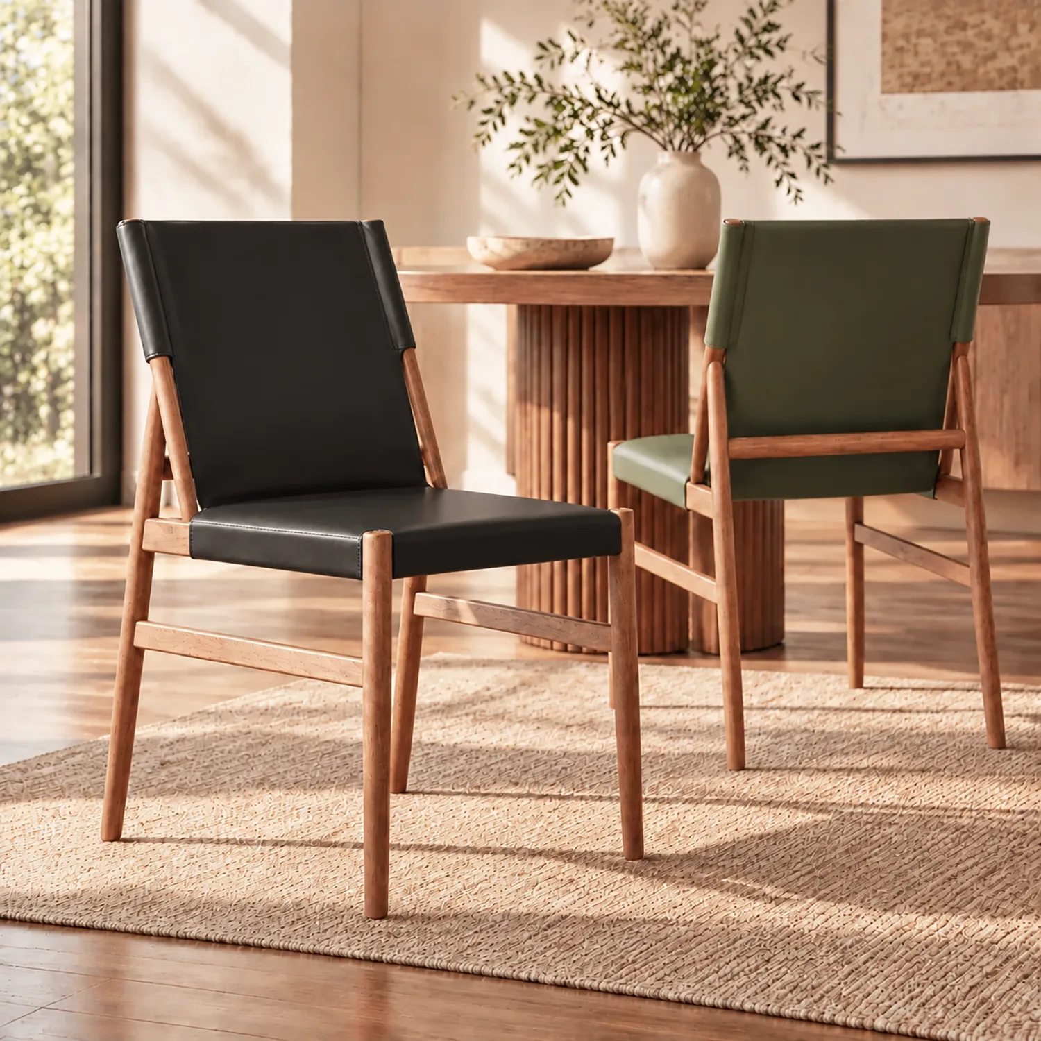 Mid-century Modern Faux Leather Dining Chairs Carbon Steel Frame Set of 2 Image - 1 | homeyfad