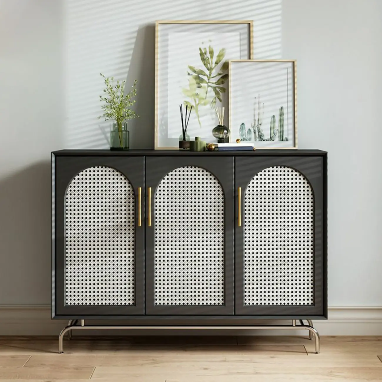 Modern Black Wood Woven Front Storage Cabinet for Living Room Image - 1 | homeyfad