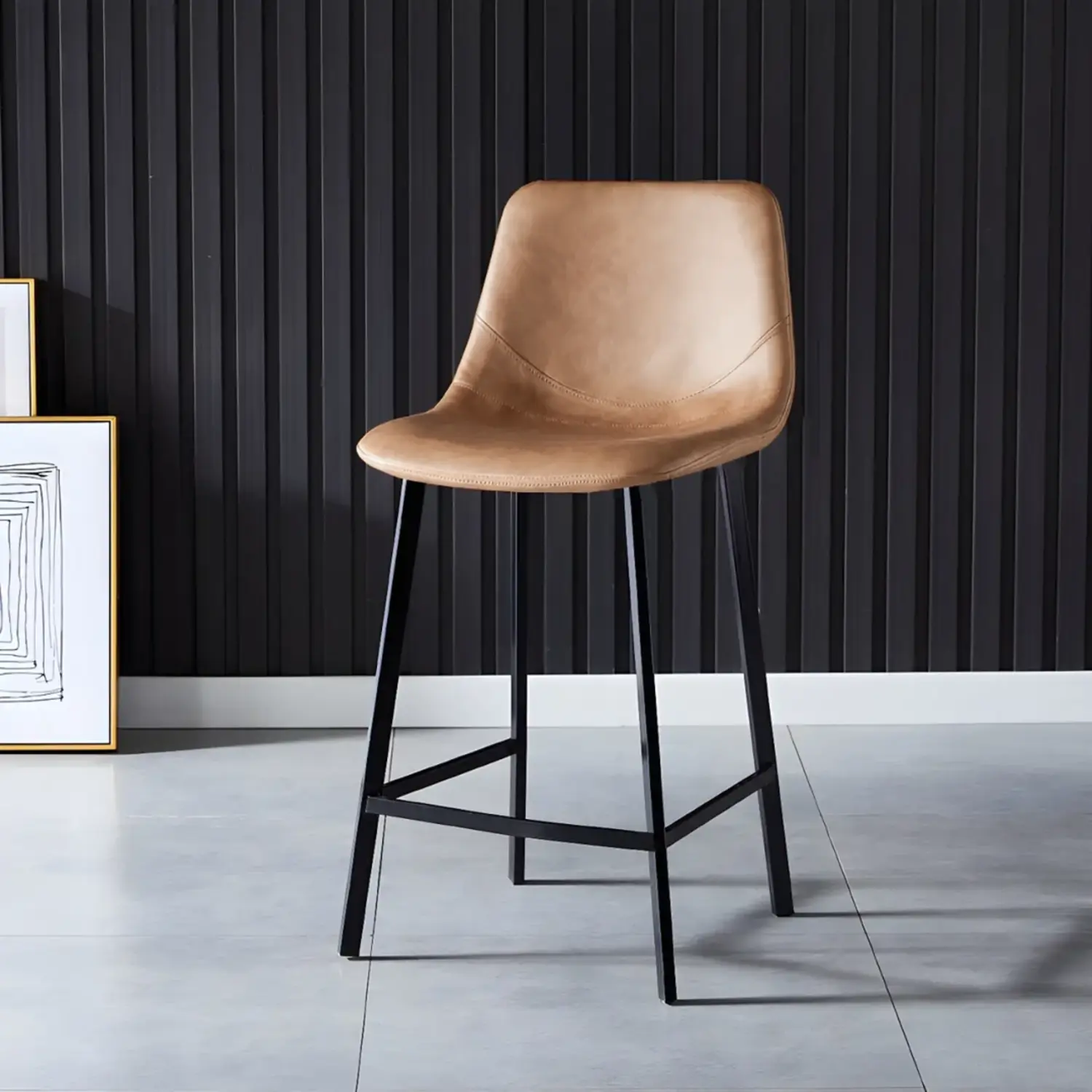 Brown 1 Piece Counter Stool(26"H) Scandinavian Bucket Leather Upholstered Counter Bar Stool Image - 37 | homeyfad