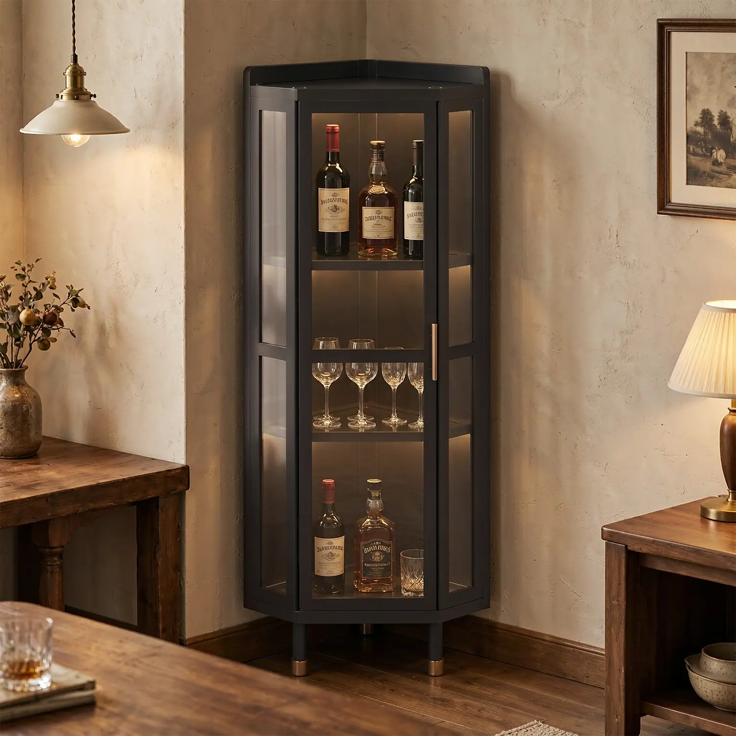 Modern Black Bamboo Corner Wine Cabinet with Acrylic Doors Image - 1 | homeyfad