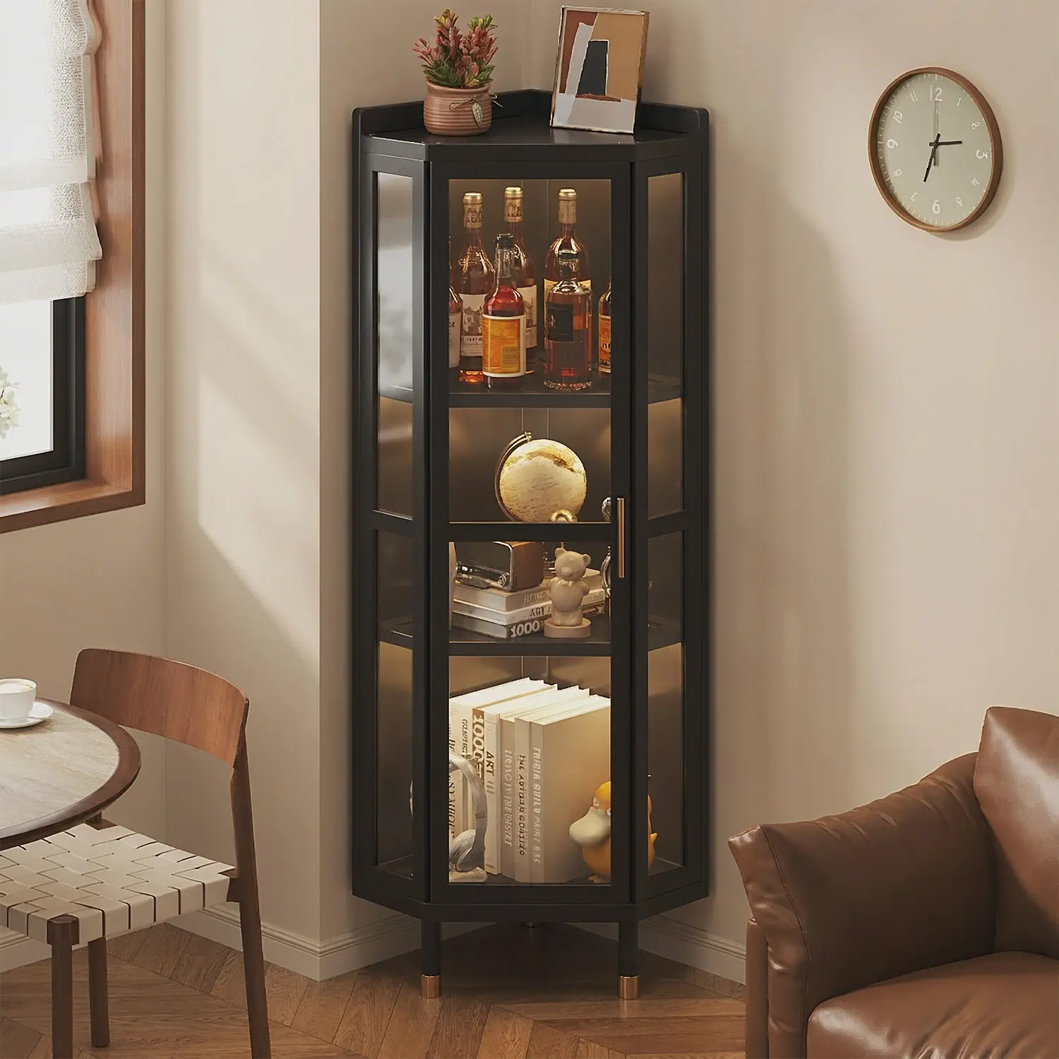 Modern Black Bamboo Corner Wine Cabinet with Acrylic Doors Image - 6 | homeyfad