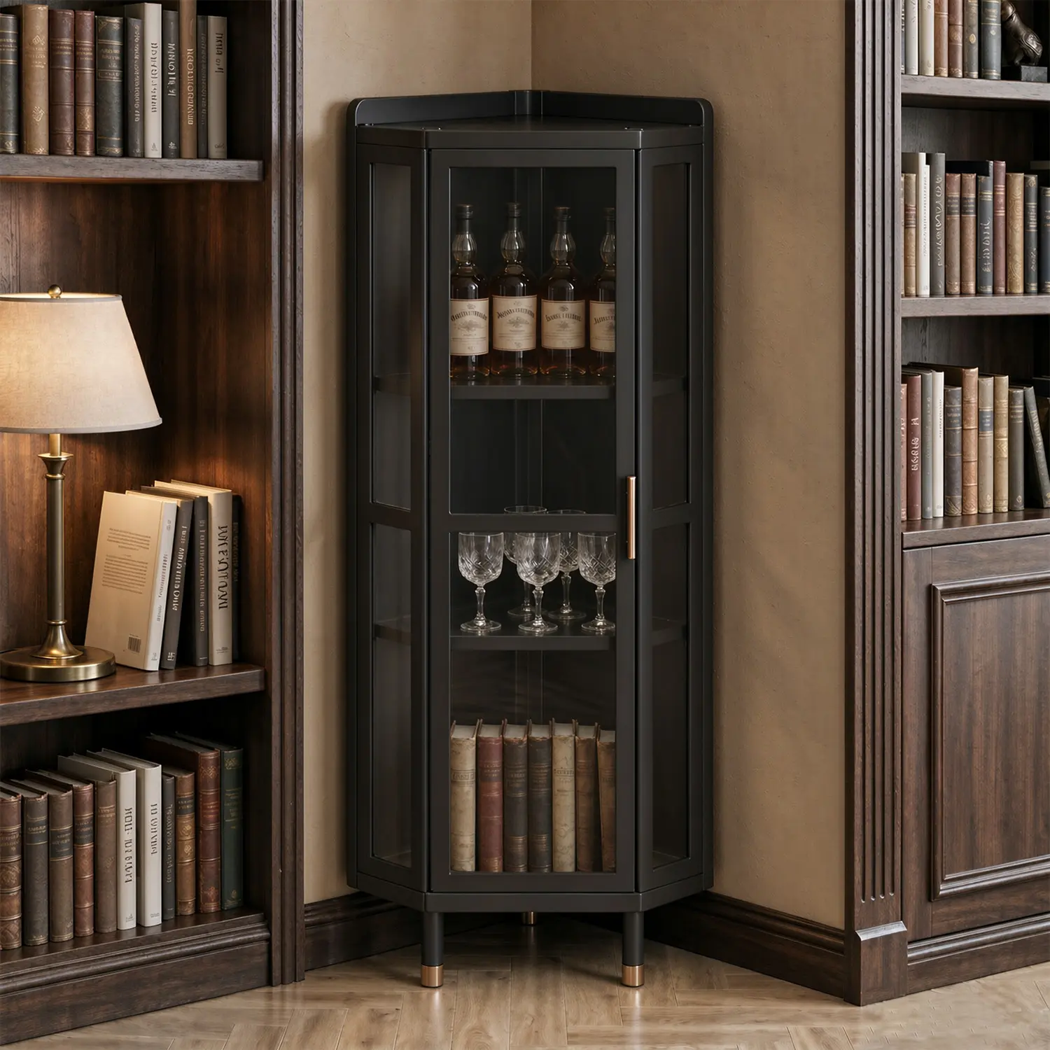 Modern Black Bamboo Corner Wine Cabinet with Acrylic Doors Image - 4 | homeyfad
