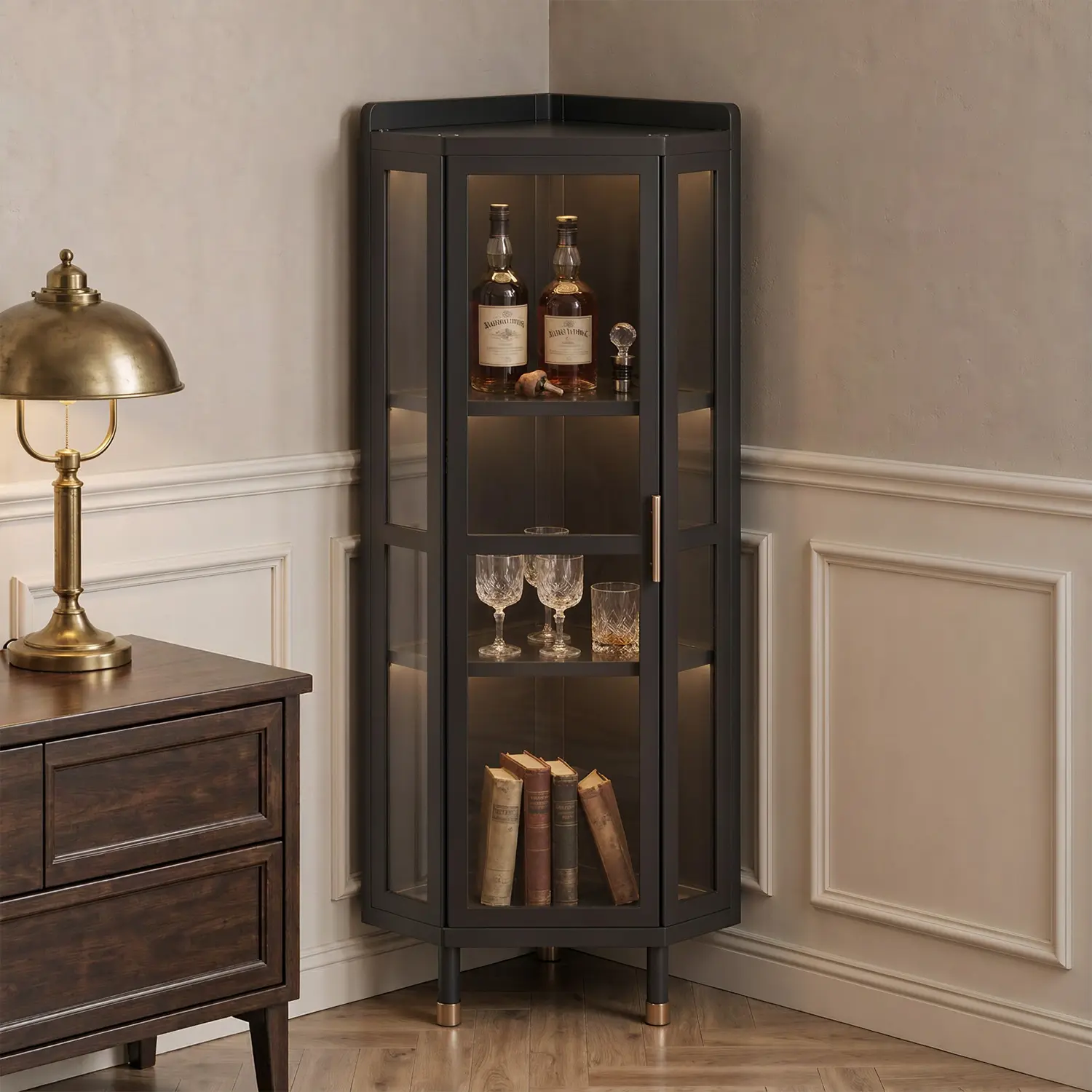 Modern Black Bamboo Corner Wine Cabinet with Acrylic Doors Image - 5 | homeyfad