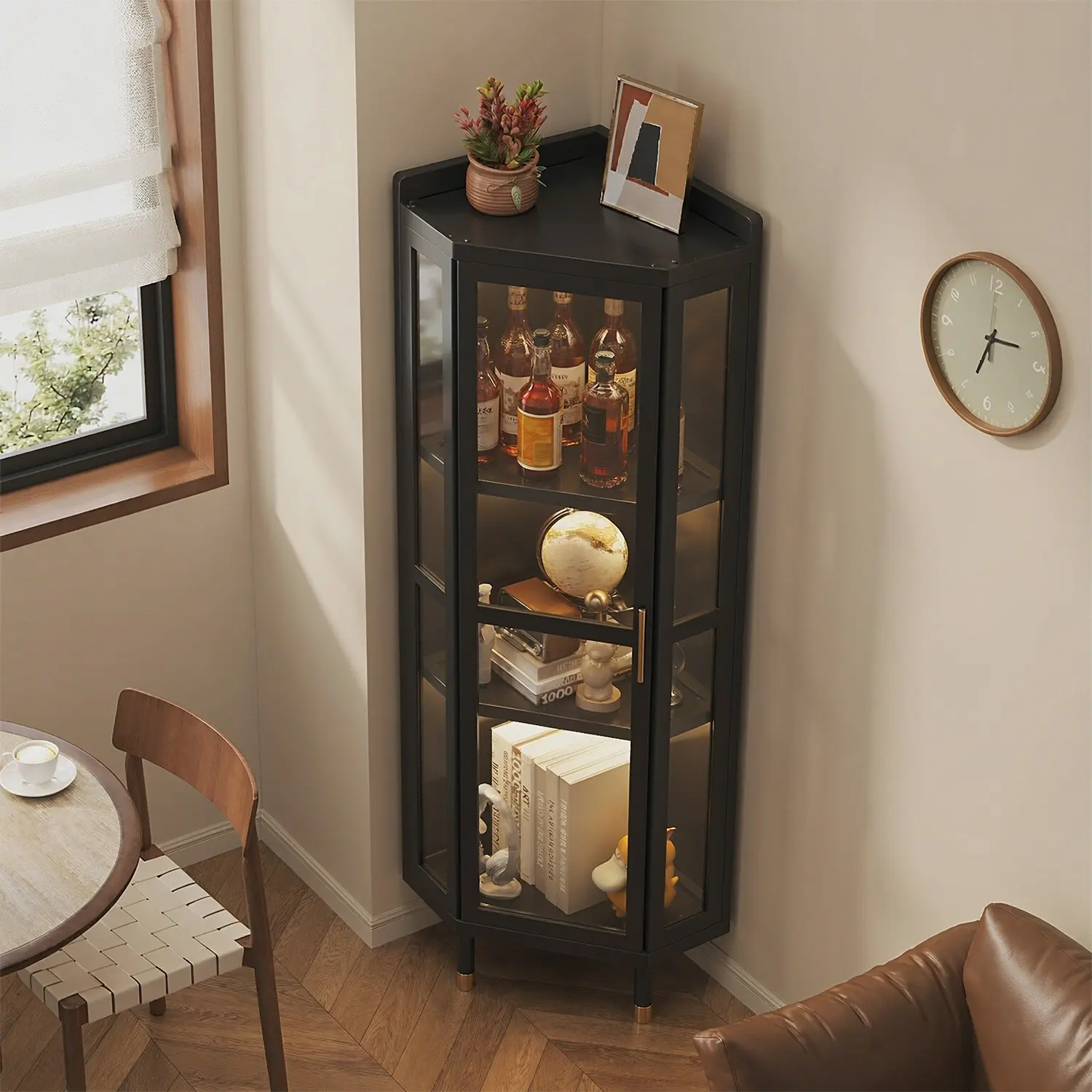 Modern Black Bamboo Corner Wine Cabinet with Acrylic Doors Image - 7 | homeyfad