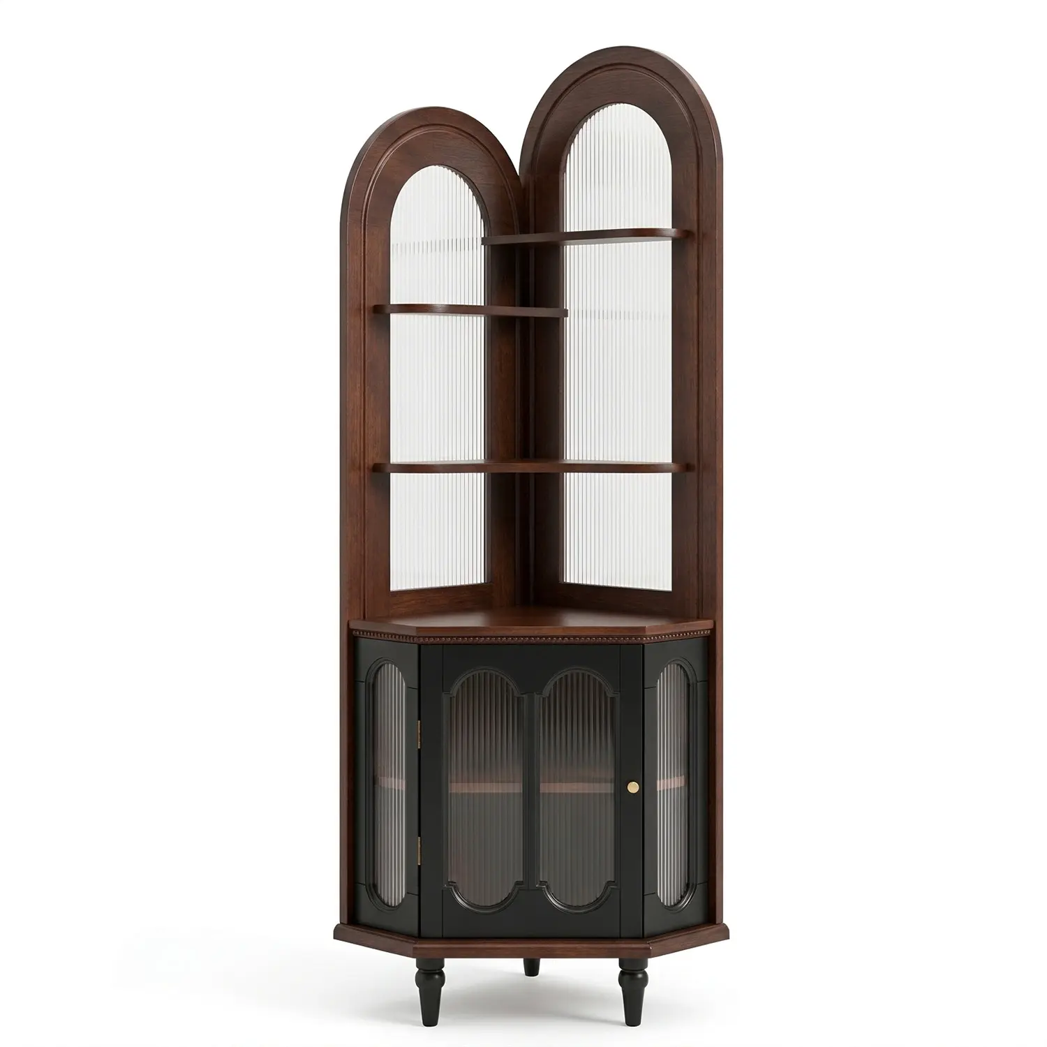 Walnut Traditional Vintage Arched Rubberwood Corner Display Cabinet Image - 2 | homeyfad