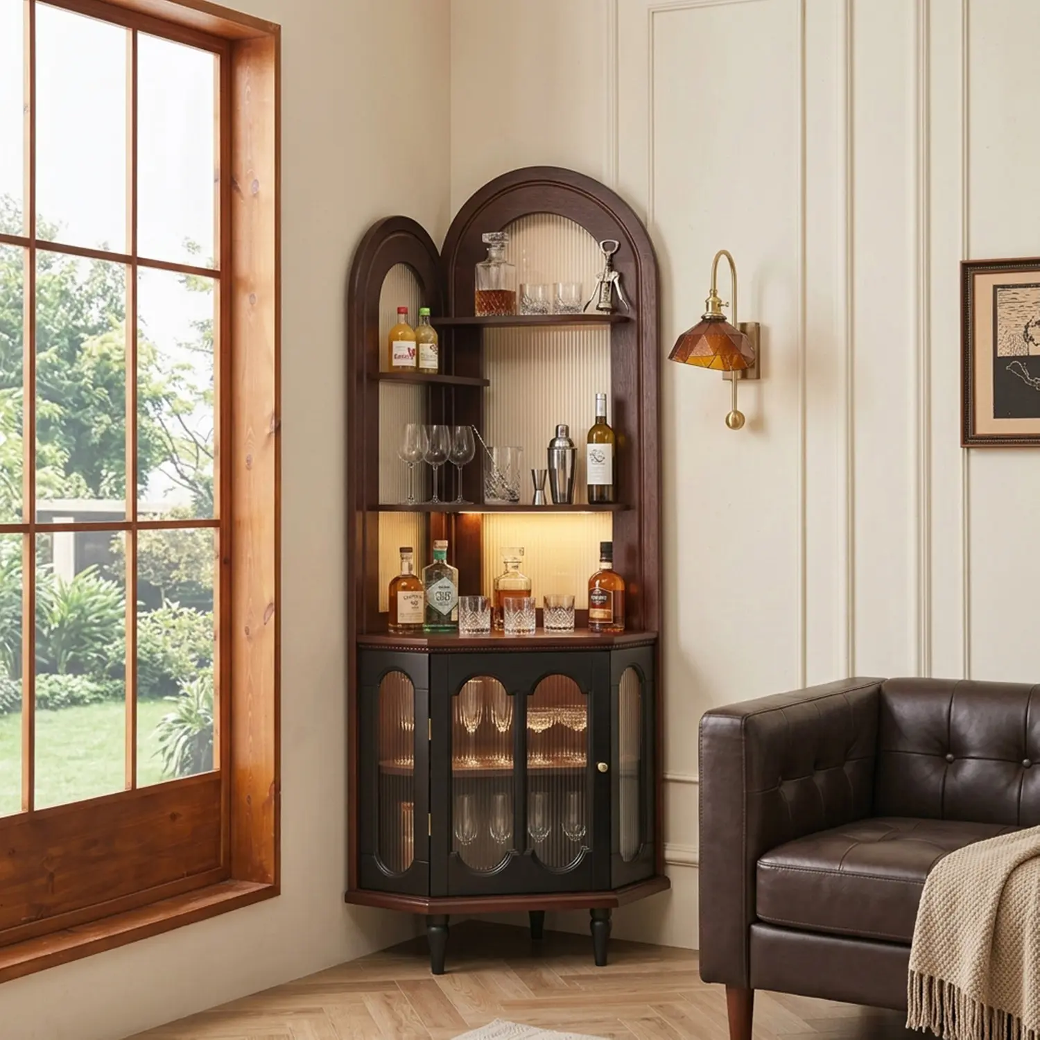 Traditional Vintage Arched Rubberwood Corner Display Cabinet Image - 1 | homeyfad