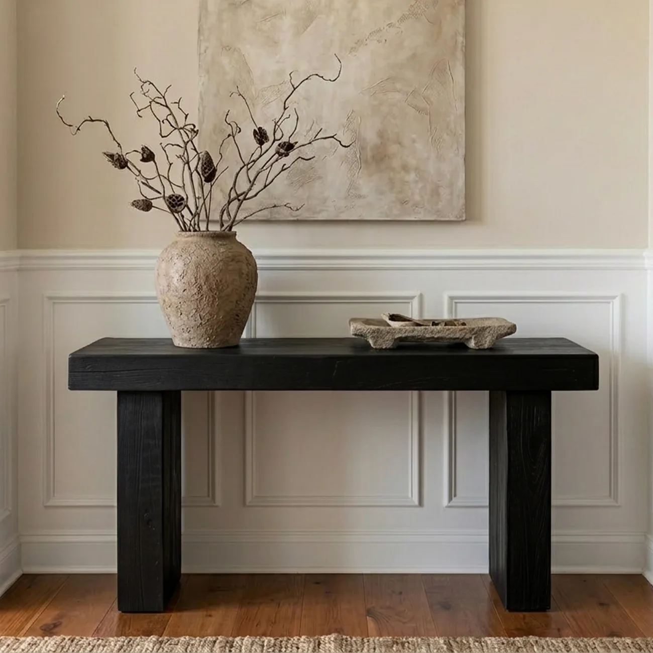 47"L x 14"W x 27.5"H Modern Minimalist Black Solid Wood Console Table with Duble Panel Legs Image - 1 | homeyfad