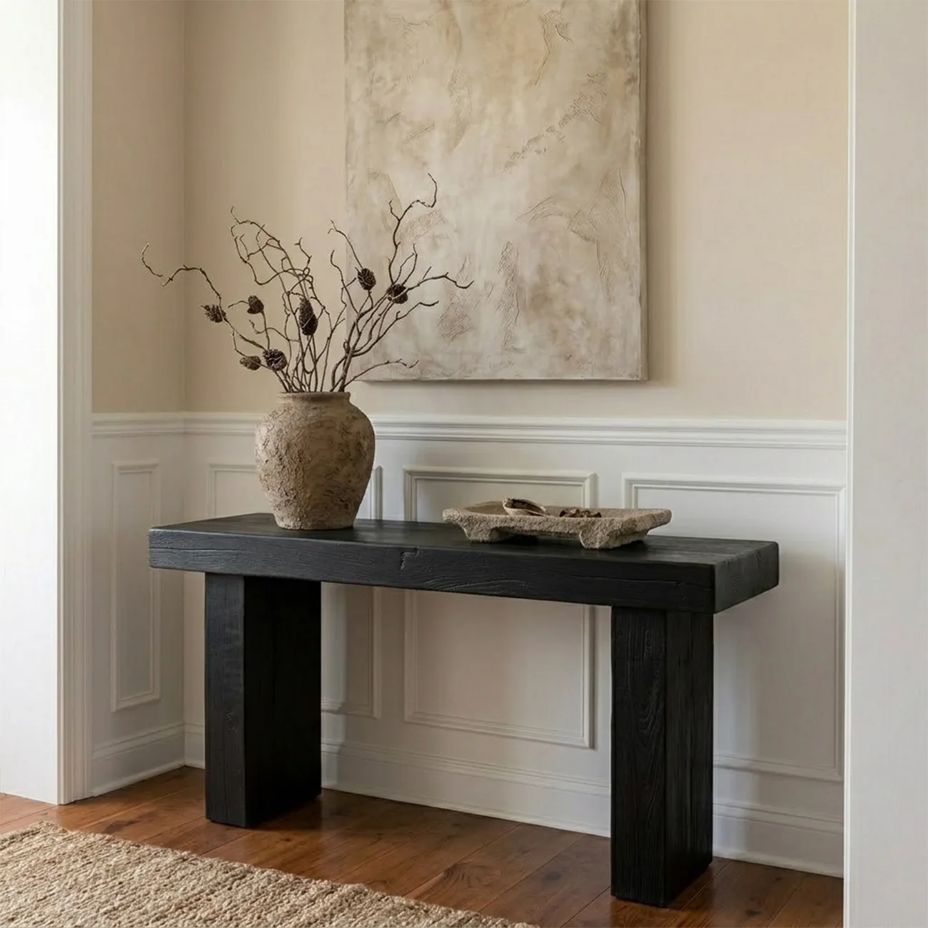Modern Minimalist Black Solid Wood Console Table with Duble Panel Legs Image - 2 | homeyfad