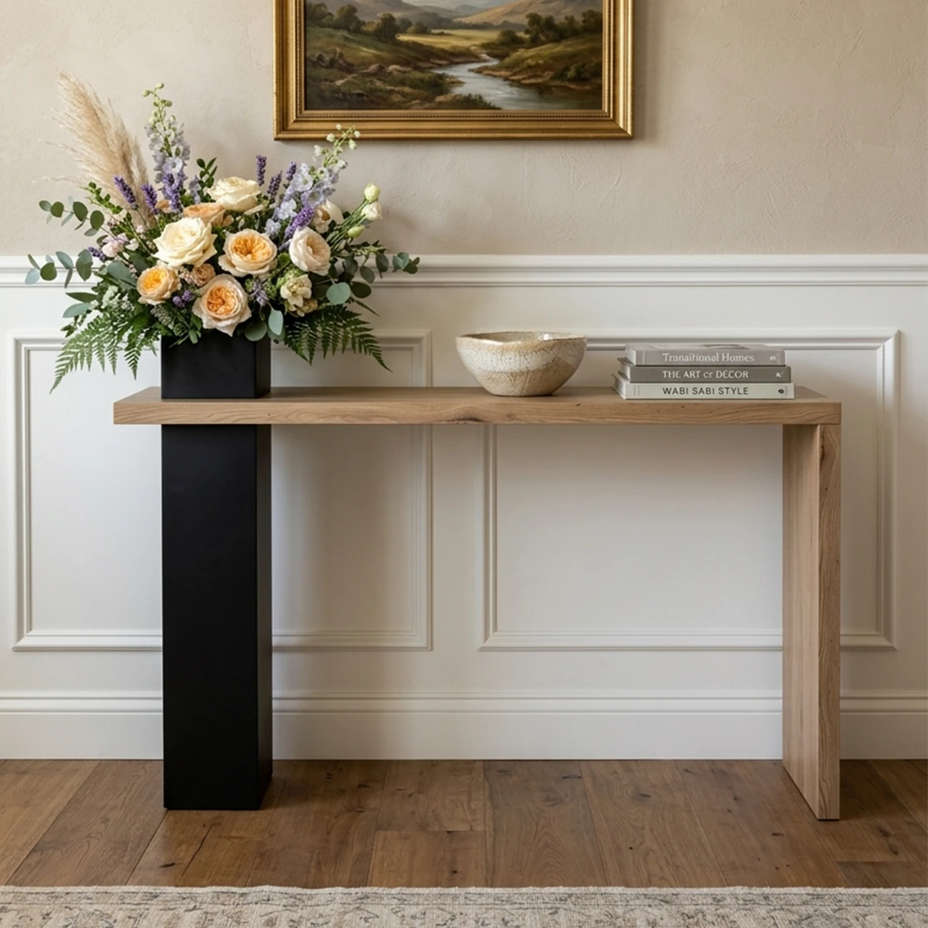 Rectangular Walnut-Black Pillar Wood Console Table Image - 3 | homeyfad