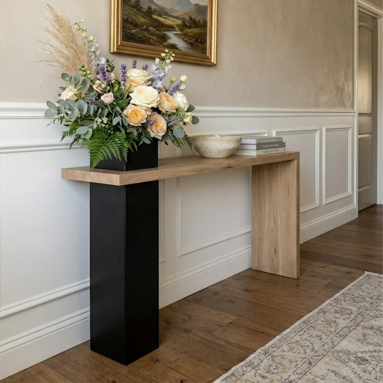 Rectangular Walnut-Black Pillar Wood Console Table Image - 5 | homeyfad