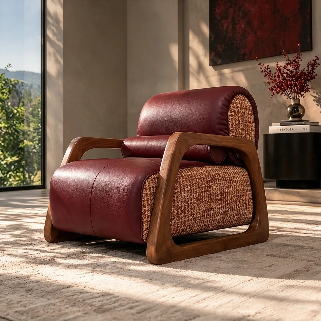 Mid-Century Modern Burgundy Top-Grain Leather Lounge Chair Image - 1 | homeyfad