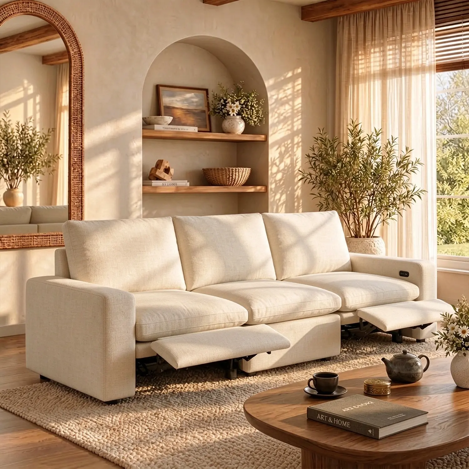 Beige 3-Seater Modern Beige Linen Power Reclining Sofa with Adjustable Footrests Image - 1 | homeyfad