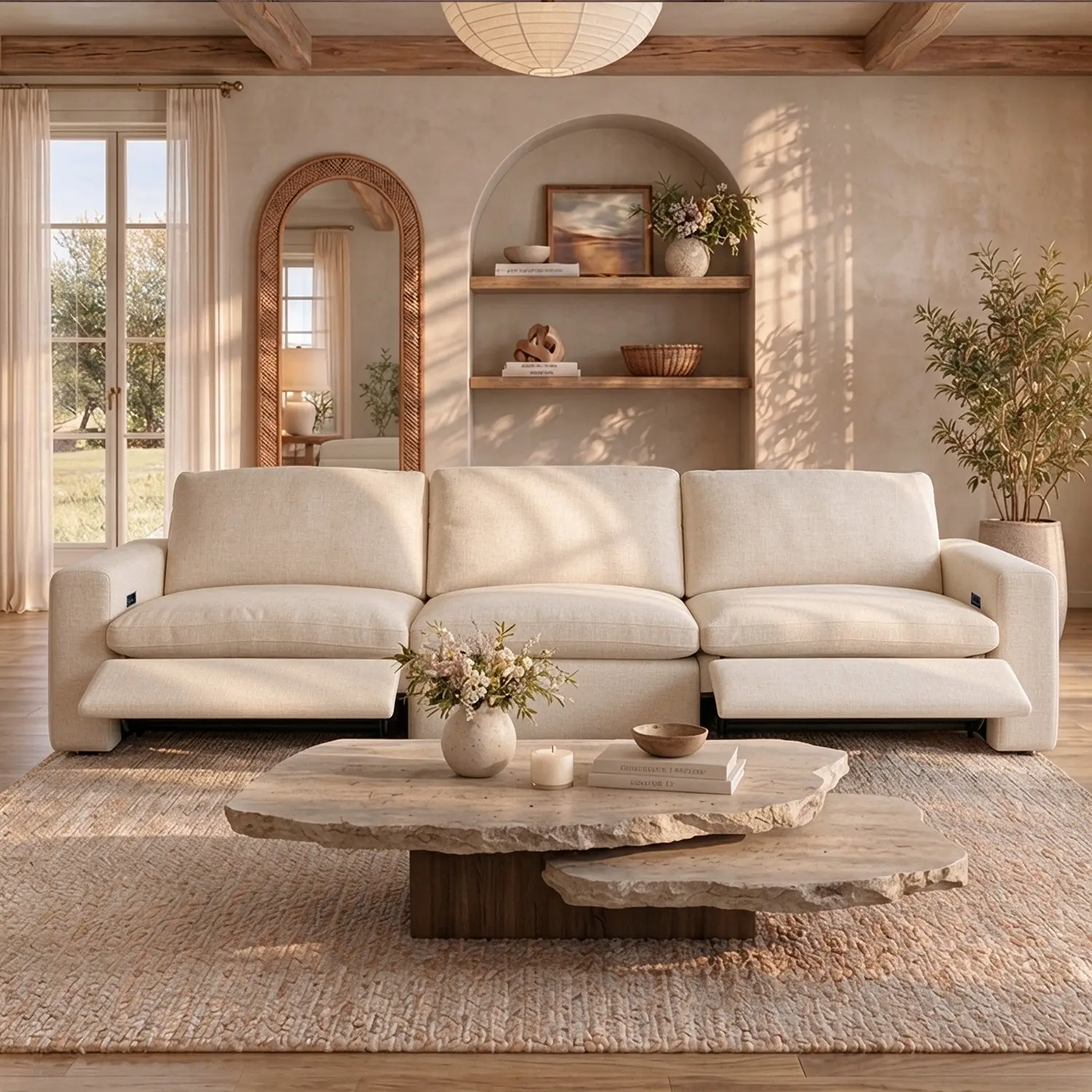 Modern Beige Linen Power Reclining Sofa with Adjustable Footrests Image - 3 | homeyfad