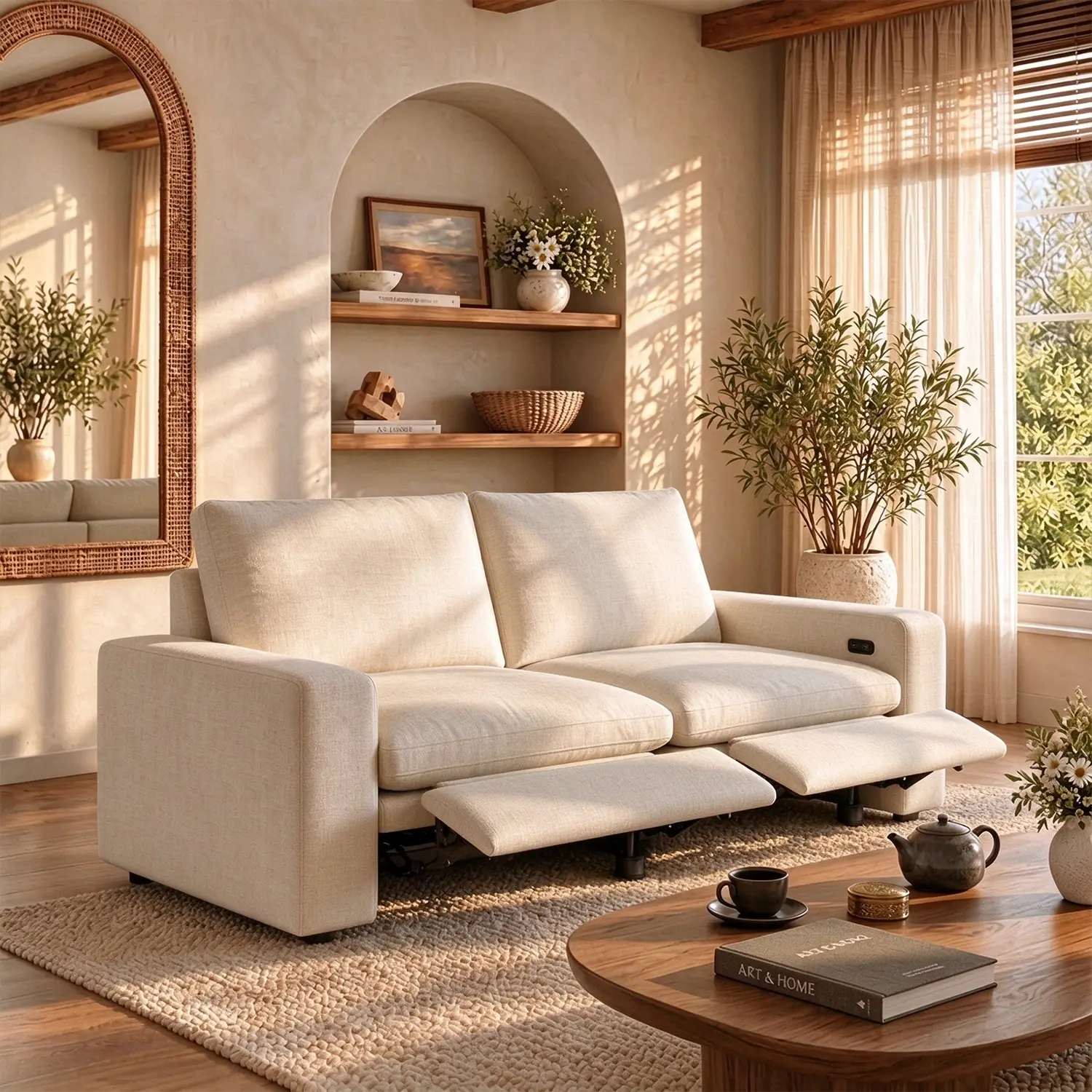 Beige 2-Seater Modern Beige Linen Power Reclining Sofa with Adjustable Footrests Image - 8 | homeyfad
