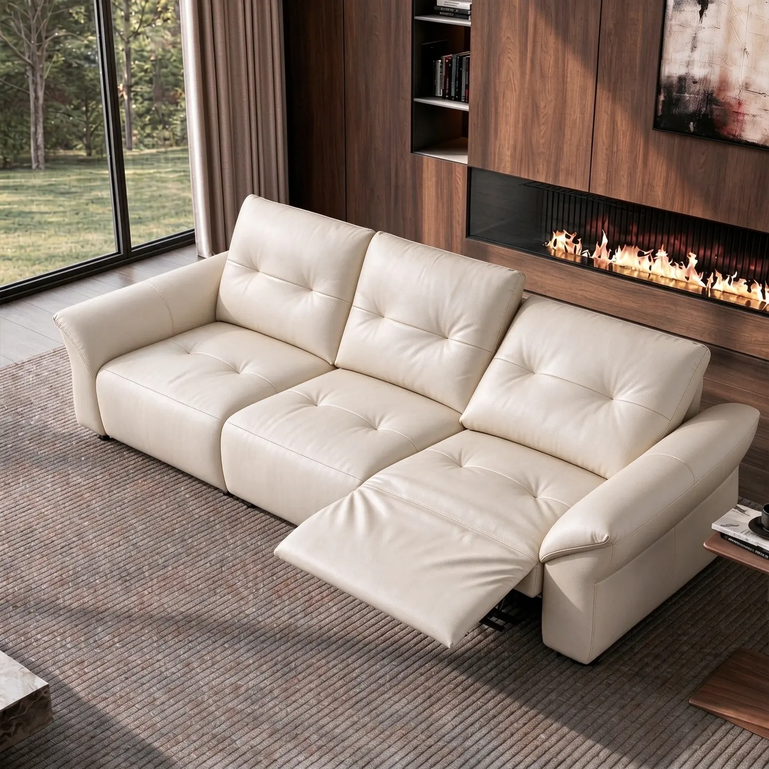 Beige 3-Seater Modern Luxury Top-Grain Leather Tufted Power Reclining Sofa Image - 22 | homeyfad