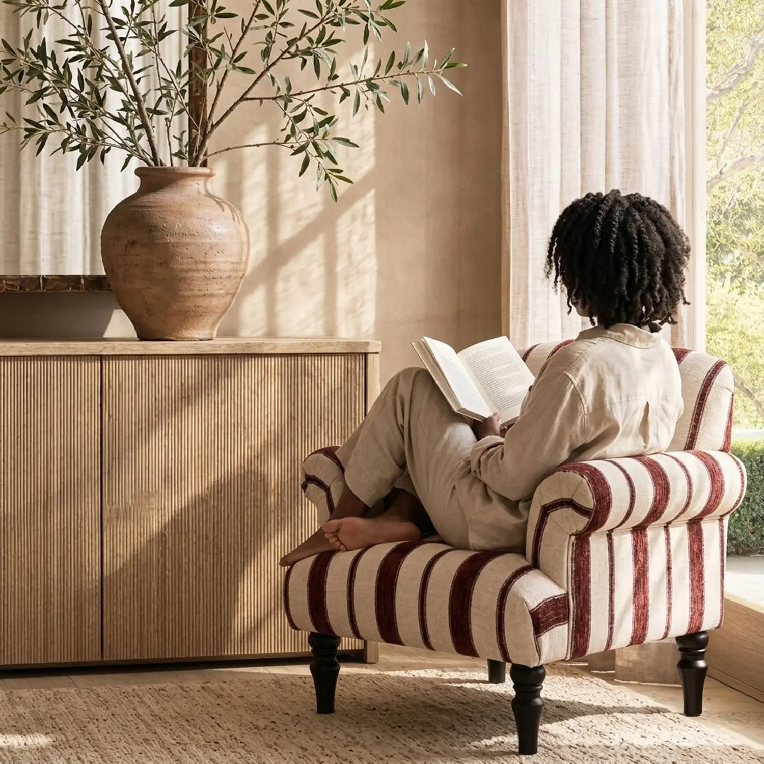 Modern Farmhouse Striped Upholstered Accent Chair with Rolled Arms Image - 5 | homeyfad
