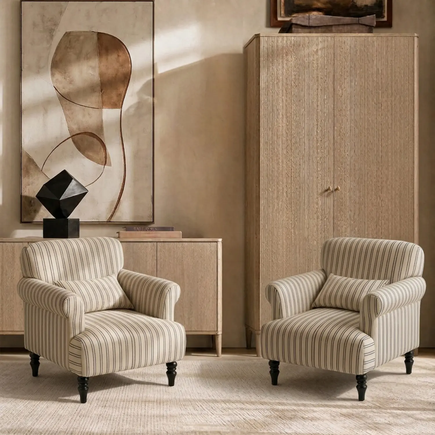 Modern Farmhouse Striped Upholstered Accent Chair with Rolled Arms Image - 13 | homeyfad