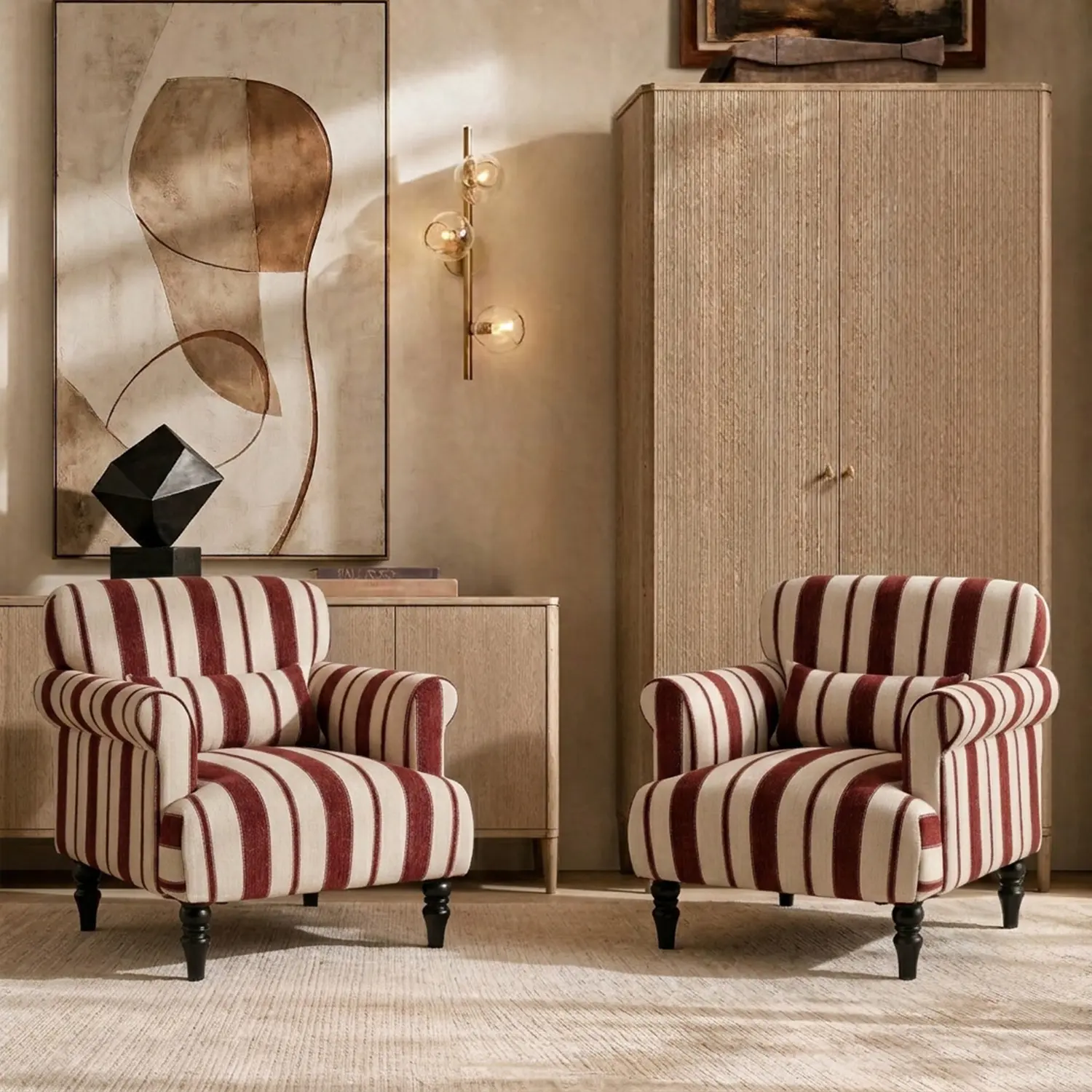 Modern Farmhouse Striped Upholstered Accent Chair with Rolled Arms Image - 14 | homeyfad