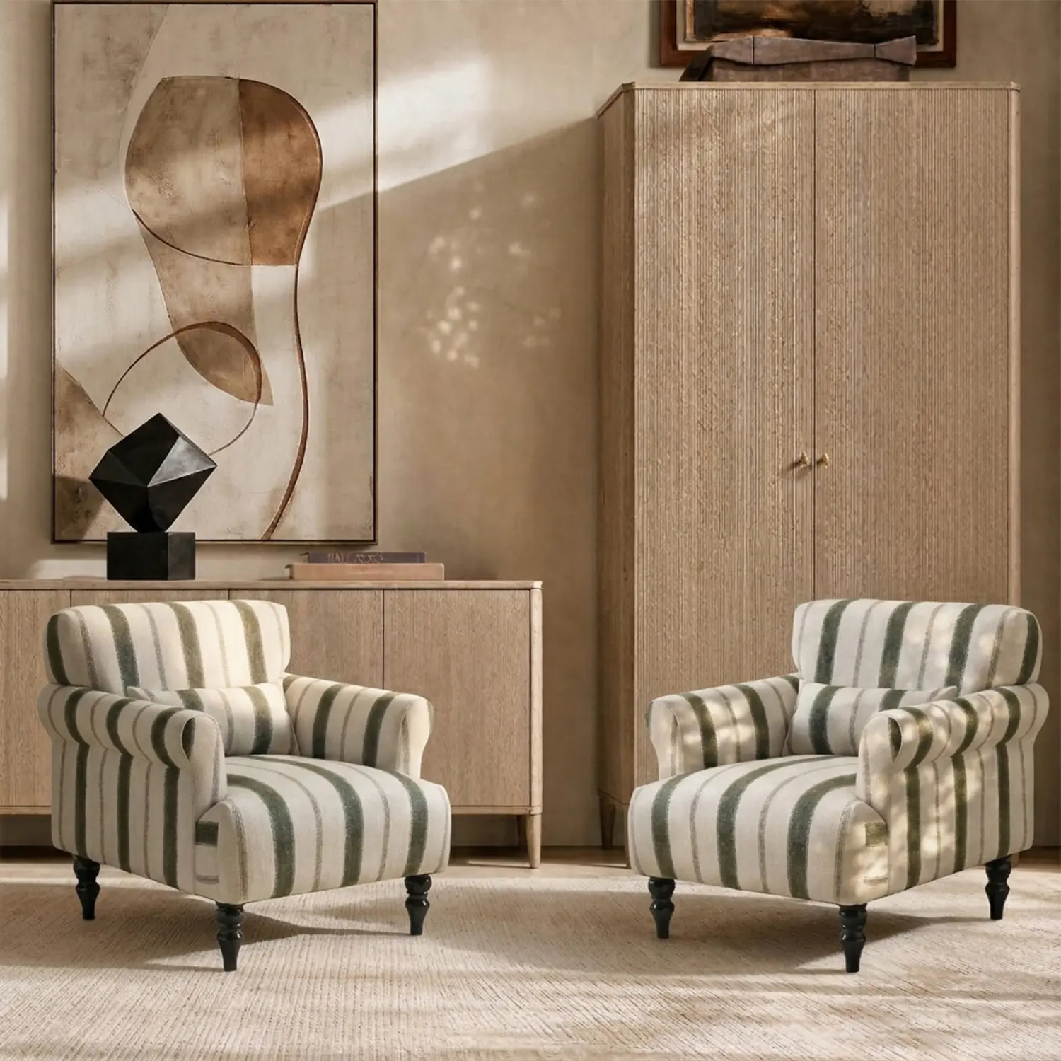 Modern Farmhouse Striped Upholstered Accent Chair with Rolled Arms Image - 15 | homeyfad
