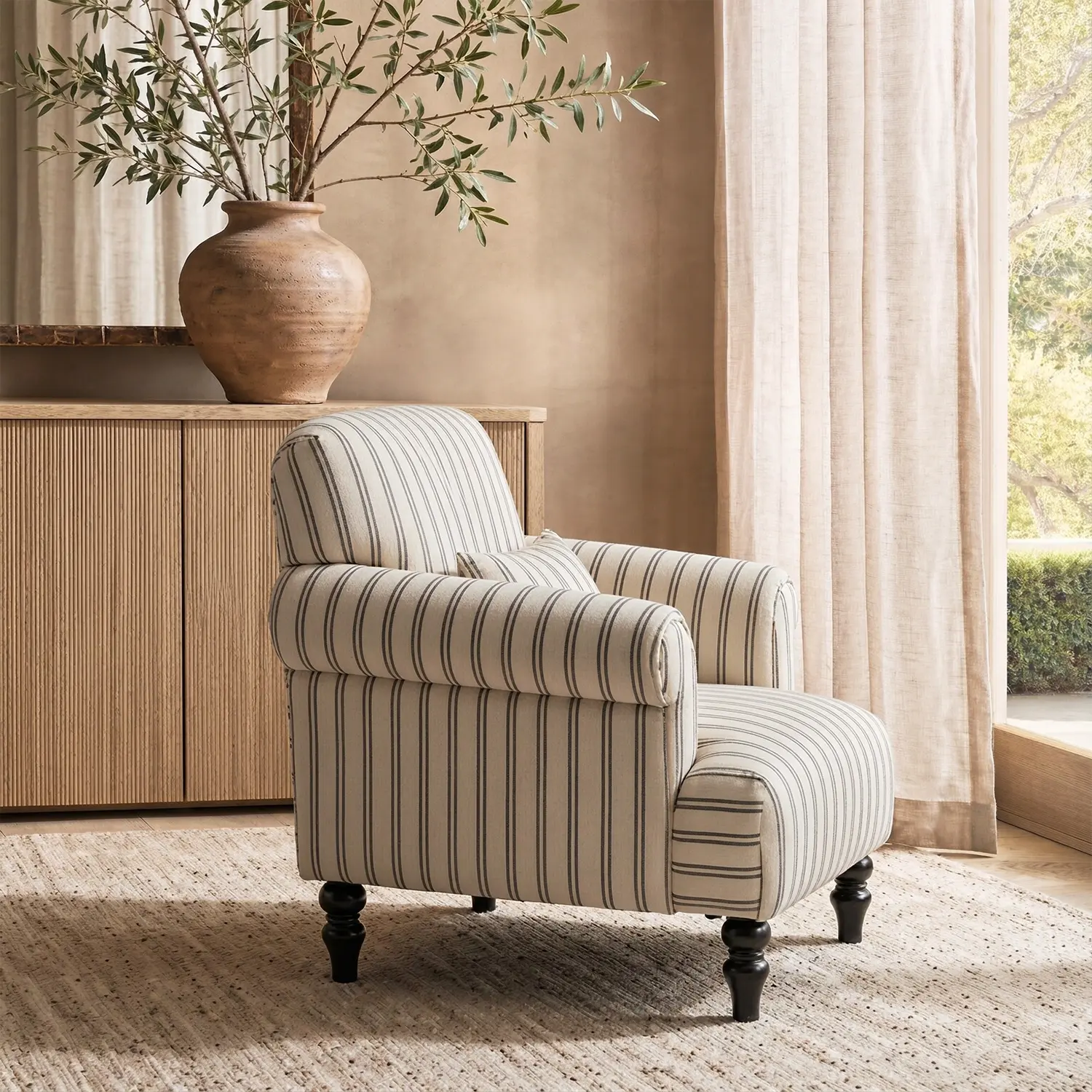 Modern Farmhouse Striped Upholstered Accent Chair with Rolled Arms Image - 10 | homeyfad