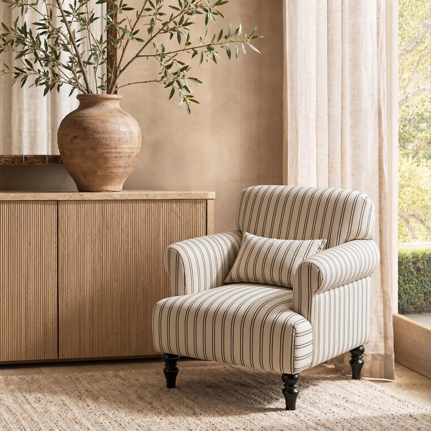 Modern Farmhouse Striped Upholstered Accent Chair with Rolled Arms Image - 8 | homeyfad