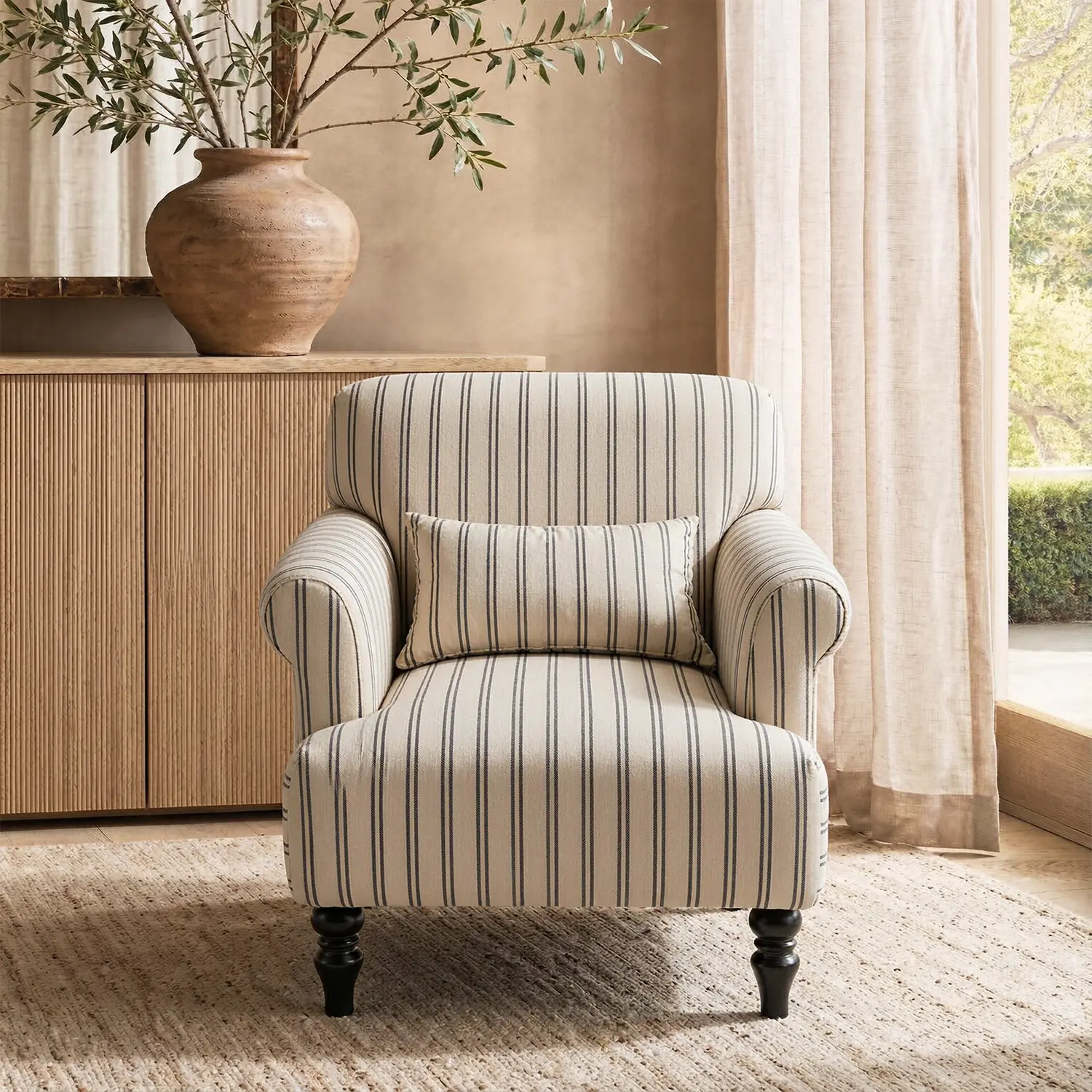 Modern Farmhouse Striped Upholstered Accent Chair with Rolled Arms Image - 9 | homeyfad
