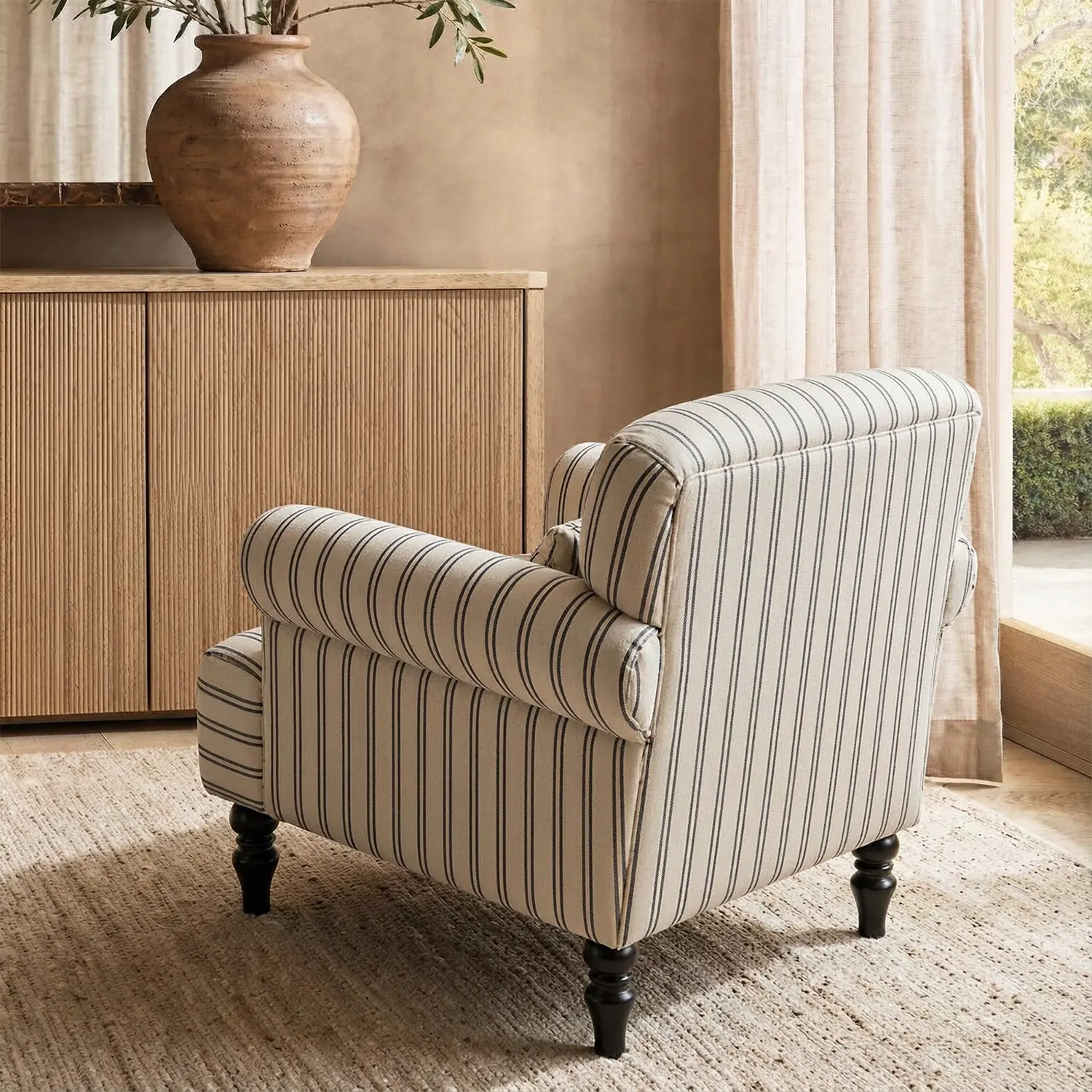 Modern Farmhouse Striped Upholstered Accent Chair with Rolled Arms Image - 11 | homeyfad