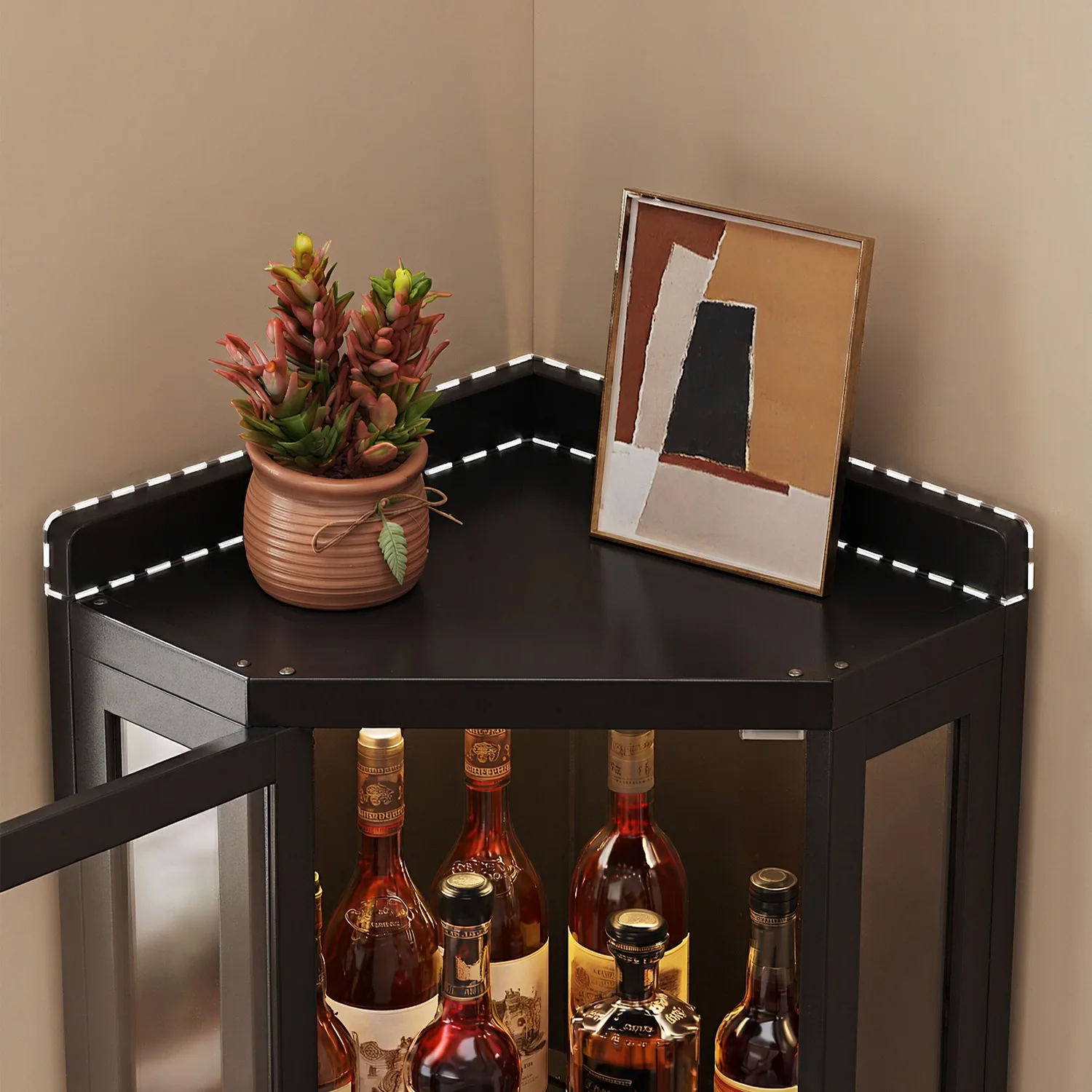 Modern Black Bamboo Corner Wine Cabinet with Acrylic Doors Image - 10 | homeyfad