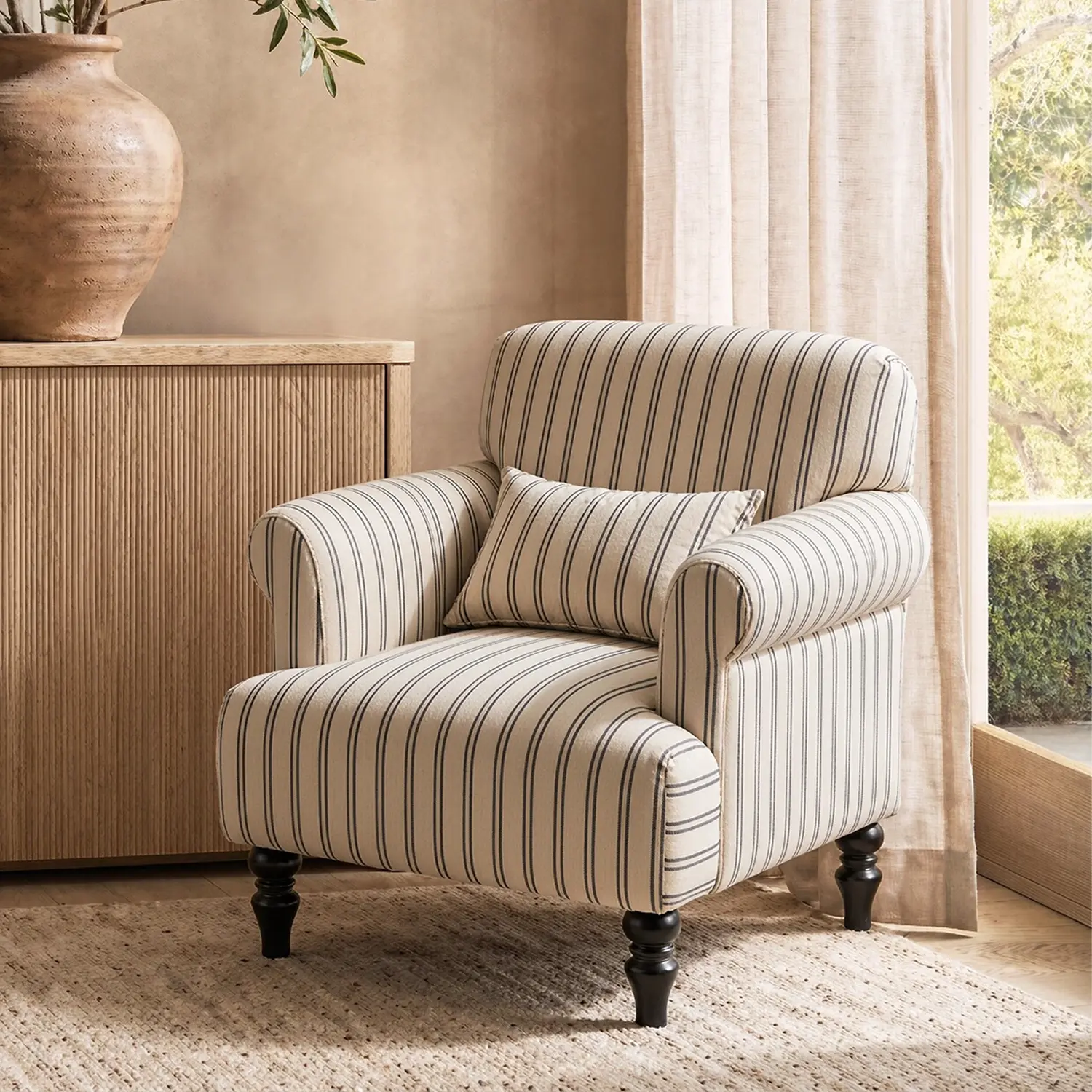 Modern Farmhouse Striped Upholstered Accent Chair with Rolled Arms Image - 1 | homeyfad