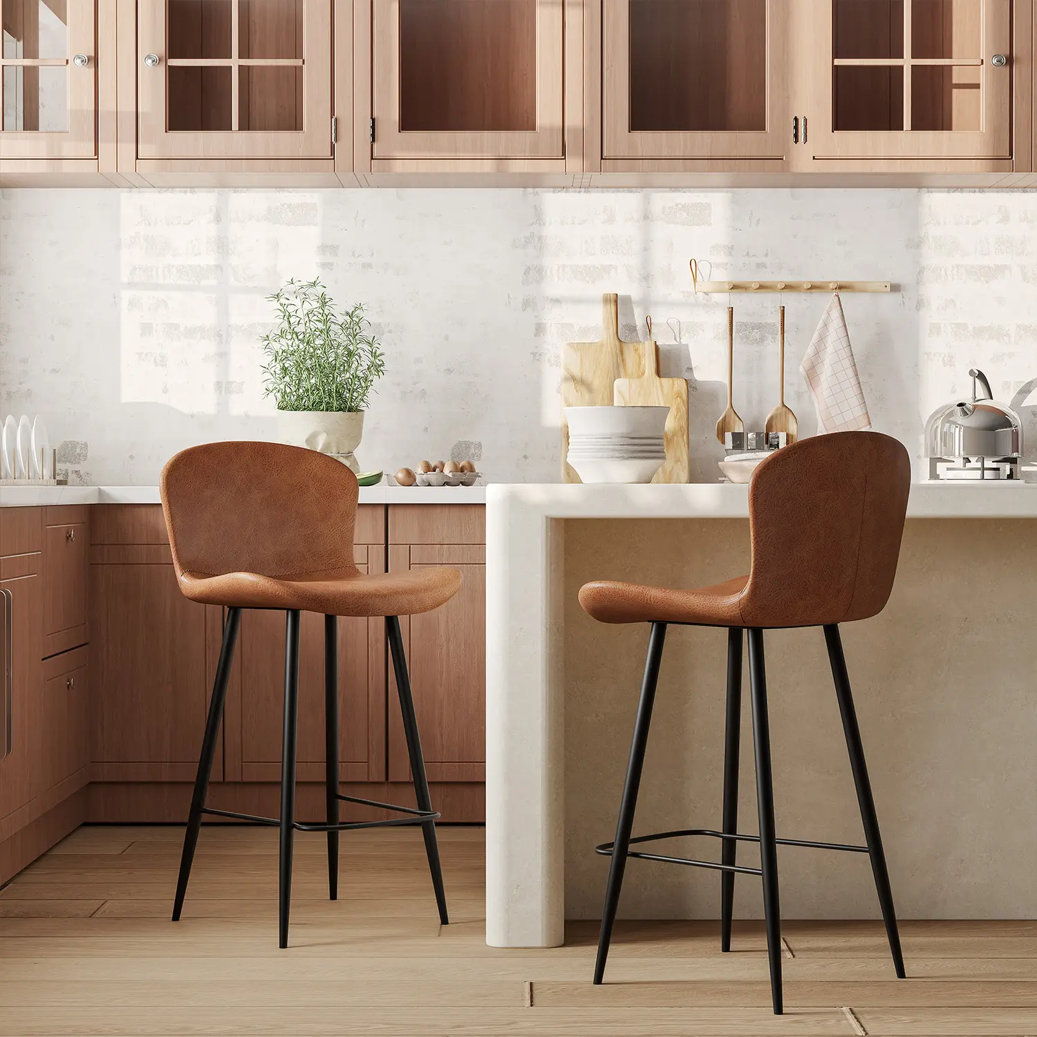 Brown Leather Saddle Seat Low Back Bar Stool Image - 1