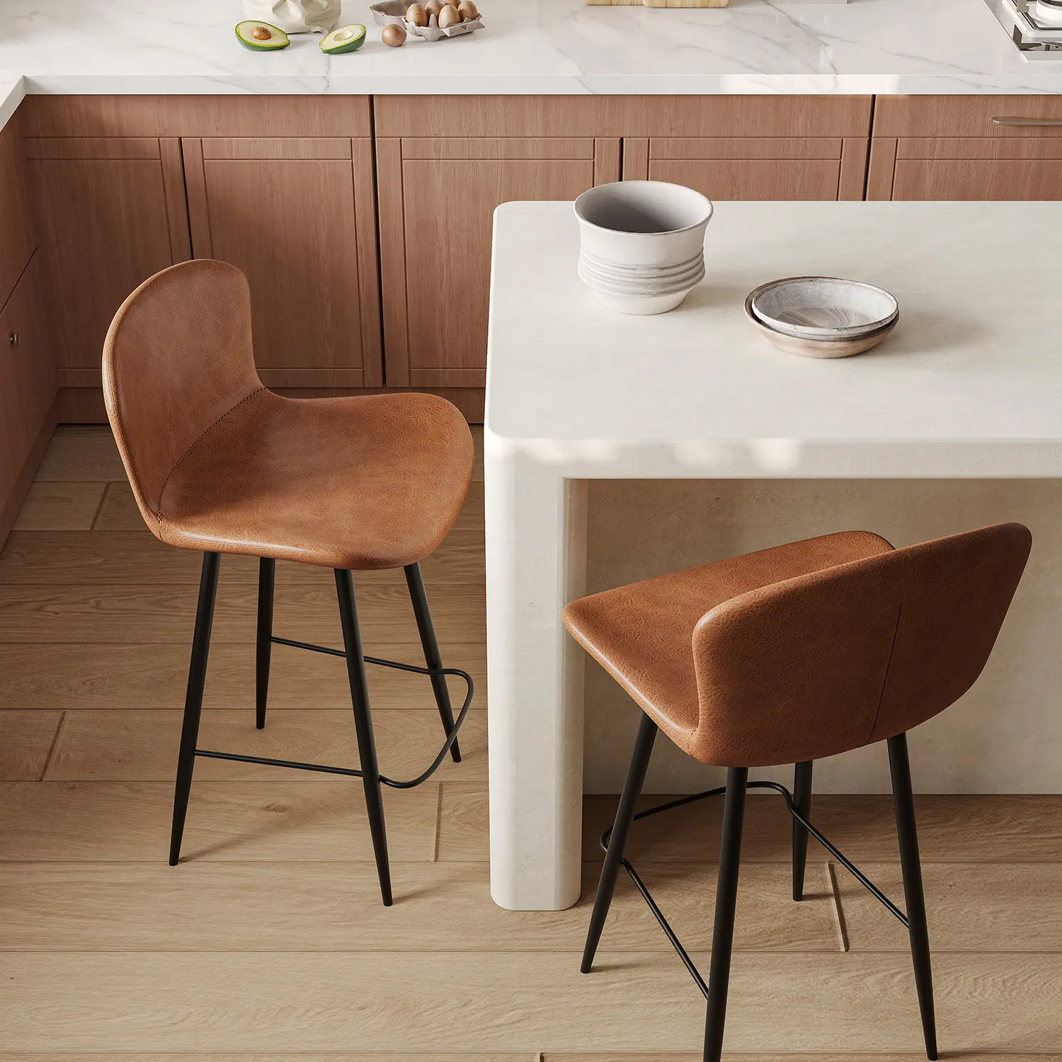 Brown Leather Saddle Seat Low Back Bar Stool Image - 2