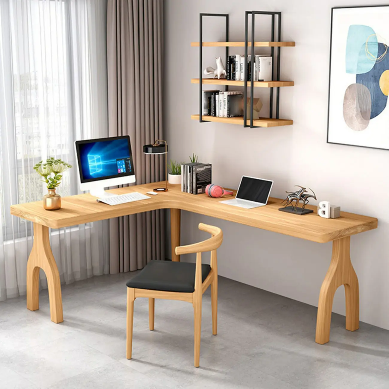 Simple L-Shape Natural Wood Office Desk Image - 1 | homeyfad