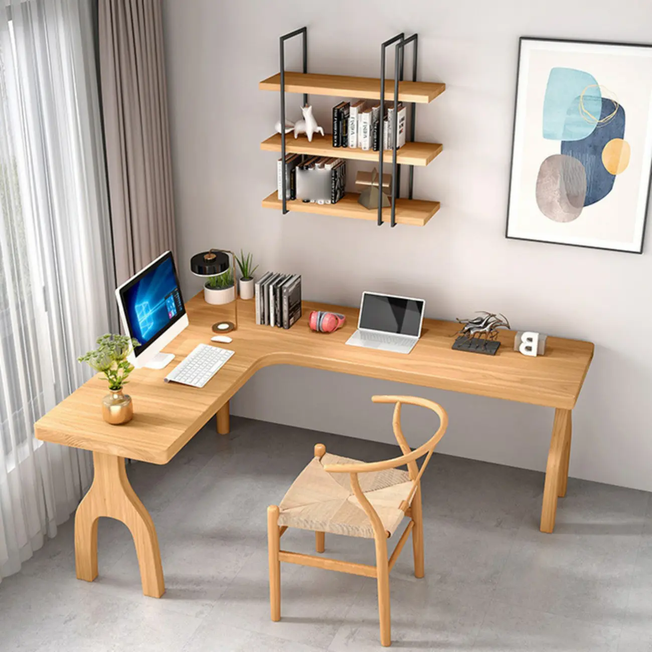 Simple L-Shape Natural Wood Office Desk Image - 2 | homeyfad