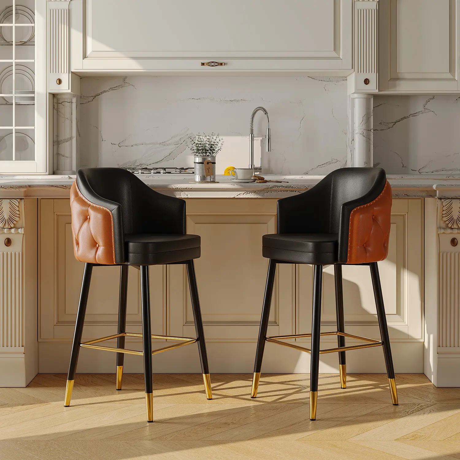 Mid-century Modern Upholstered Tufted Back Tuxedo Counter Stools Image - 2 | homeyfad