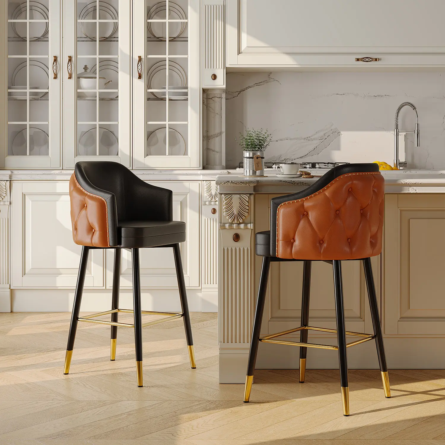 Orange/Black Counter Stool (26"H) Mid-century Modern Upholstered Tufted Back Tuxedo Counter Stools Image - 1 | homeyfad