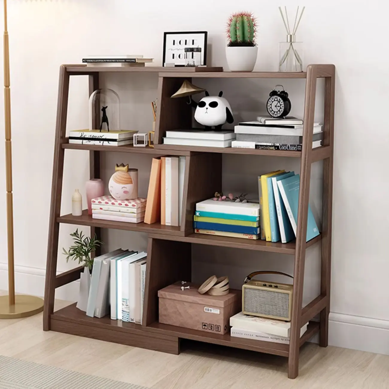 5-Tier Walnut Wooden Open Ladder Bookshelf Image - 1 | homeyfad