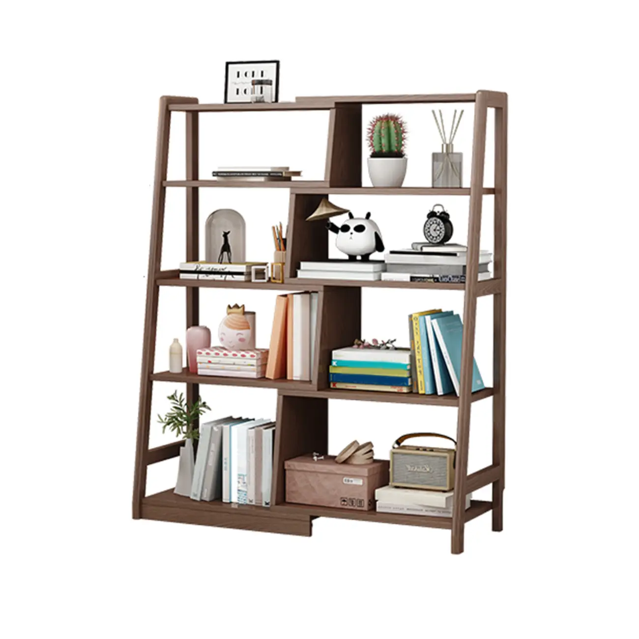 5-Tier Walnut Wooden Open Ladder Bookshelf Image - 7 | homeyfad