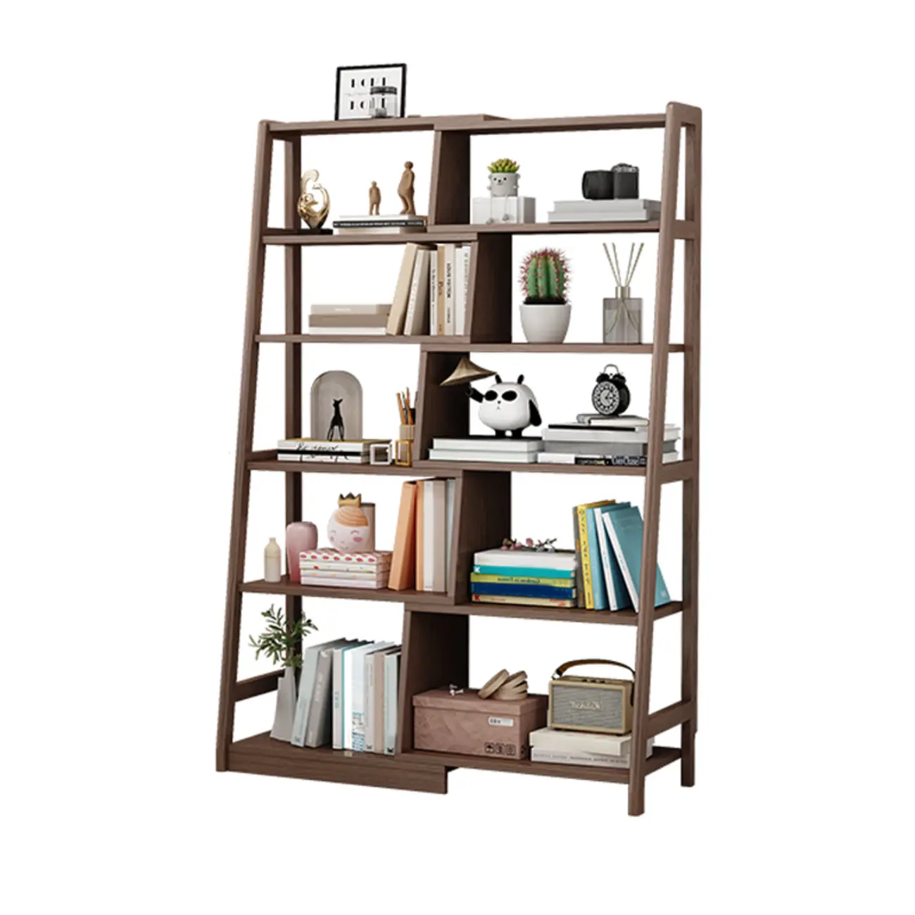 5-Tier Walnut Wooden Open Ladder Bookshelf Image - 9 | homeyfad