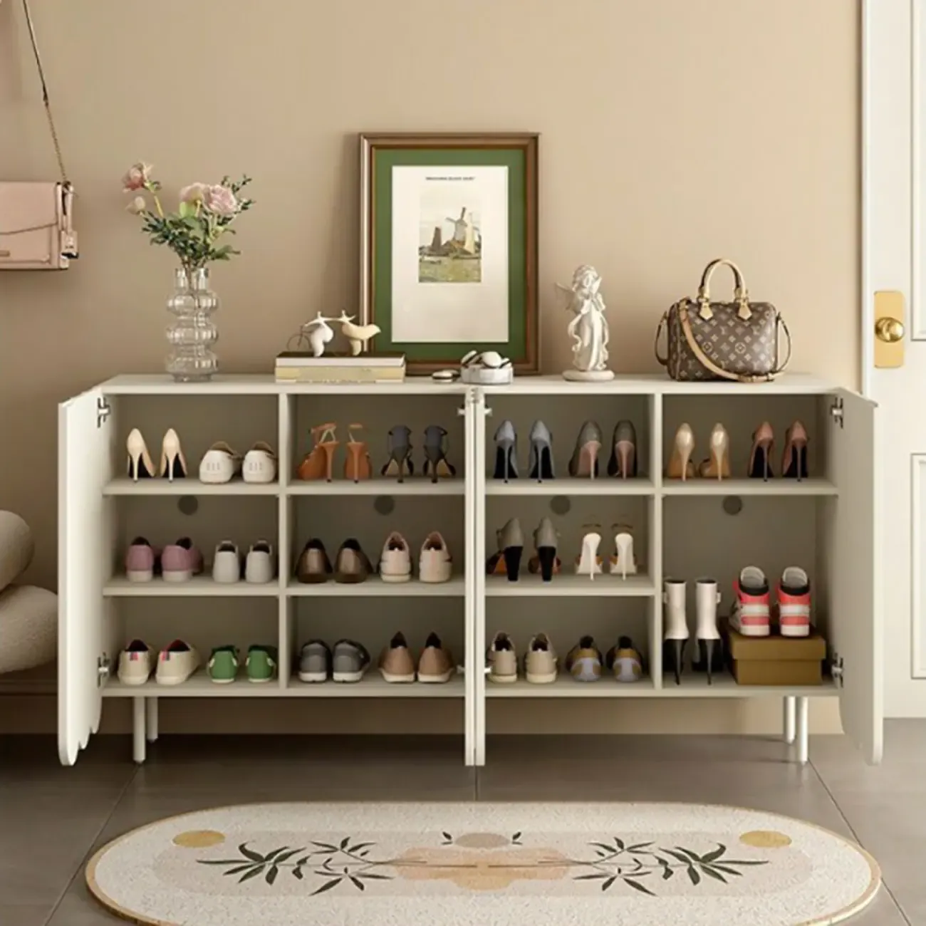 Modern Large beige Wooden Adjustable Entryway Shoe Cabinet Image - 2