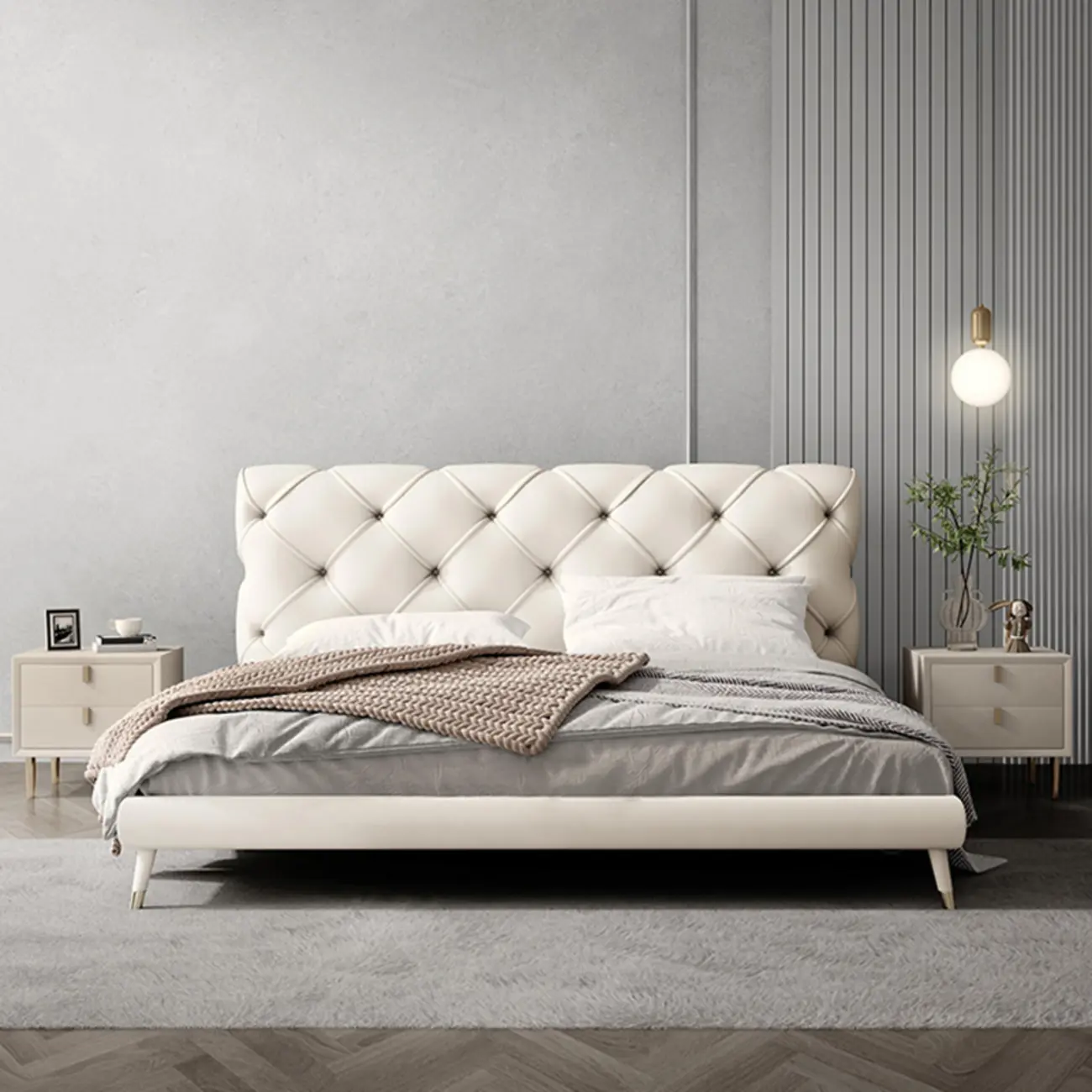 Luxury White Leather Upholstered Bed with Tufted headboard Image - 1 | homeyfad