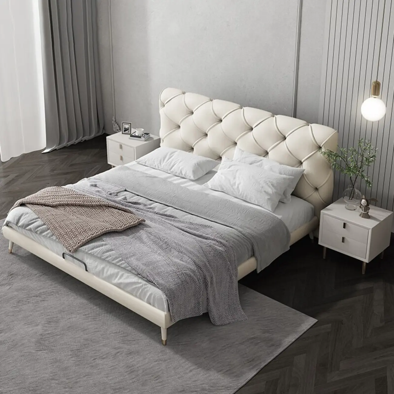 Luxury White Leather Upholstered Bed with Tufted headboard Image - 2 | homeyfad