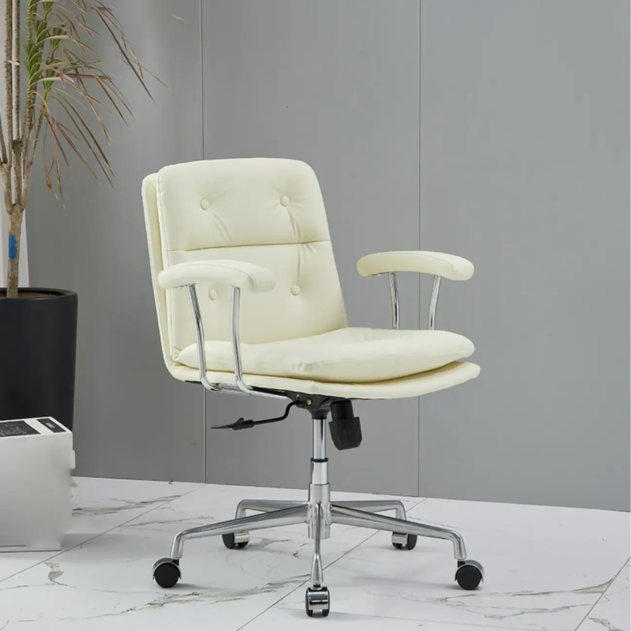 Simple Cream Leather Adjustable Swivel Office Chair Image - 1