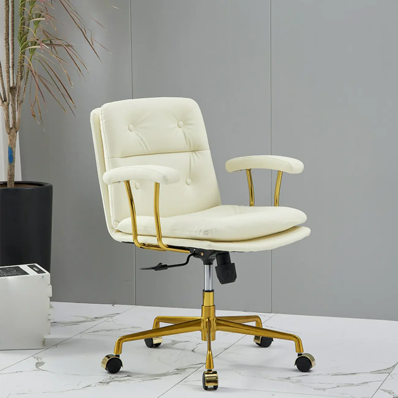 Simple Cream Leather Adjustable Swivel Office Chair Image - 2 | homeyfad