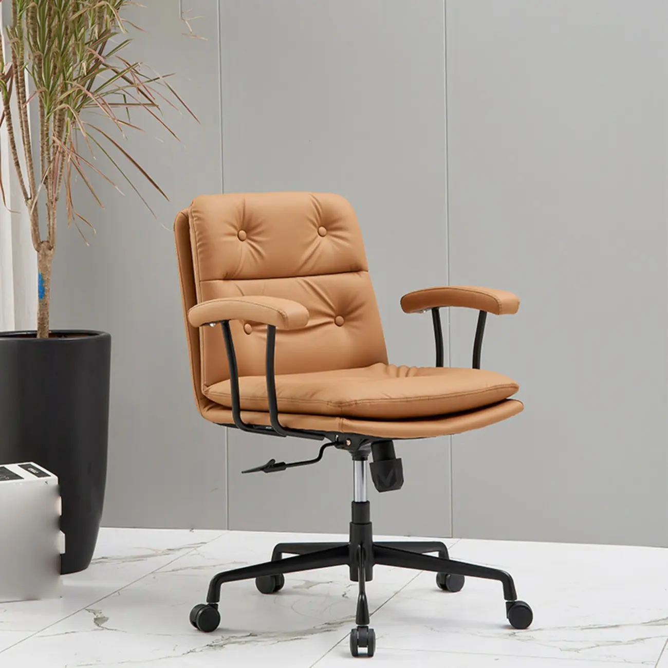 Simple Cream Leather Adjustable Swivel Office Chair Image - 3 | homeyfad