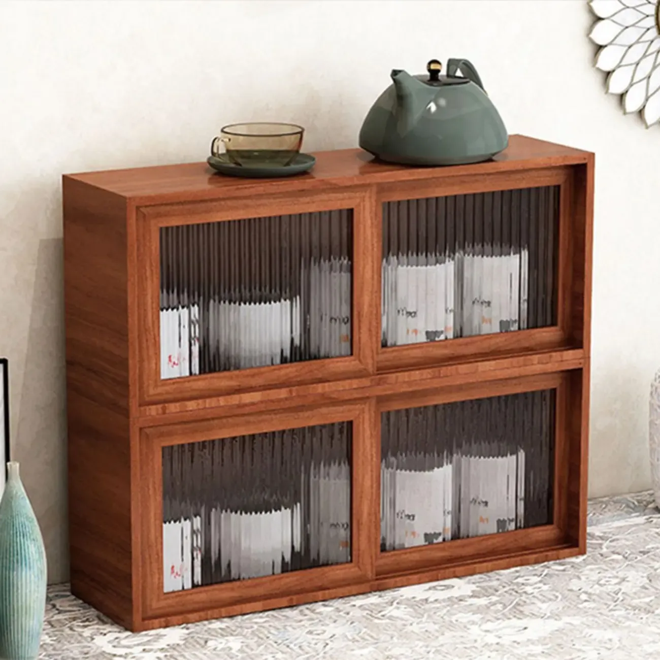 Wooden Small Display Cabinet with Glass Doors for Home Decor Image - 5